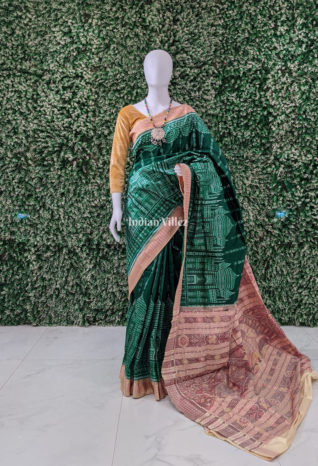IndianVillèz Green Taj Mahal Design Pure Sambalpuri Silk Saree
