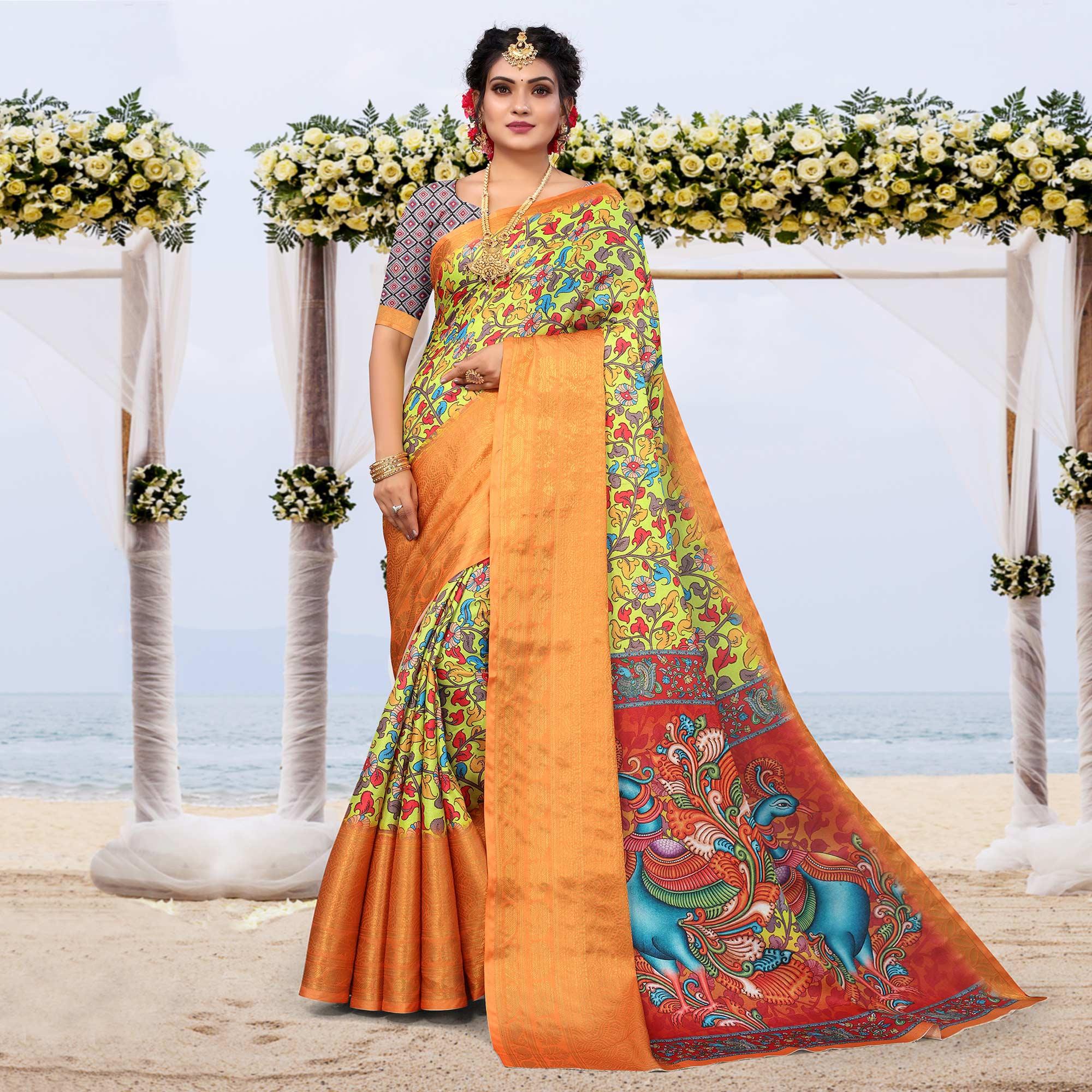 Peachmode Lemon Green Digital Printed Khaadi Saree