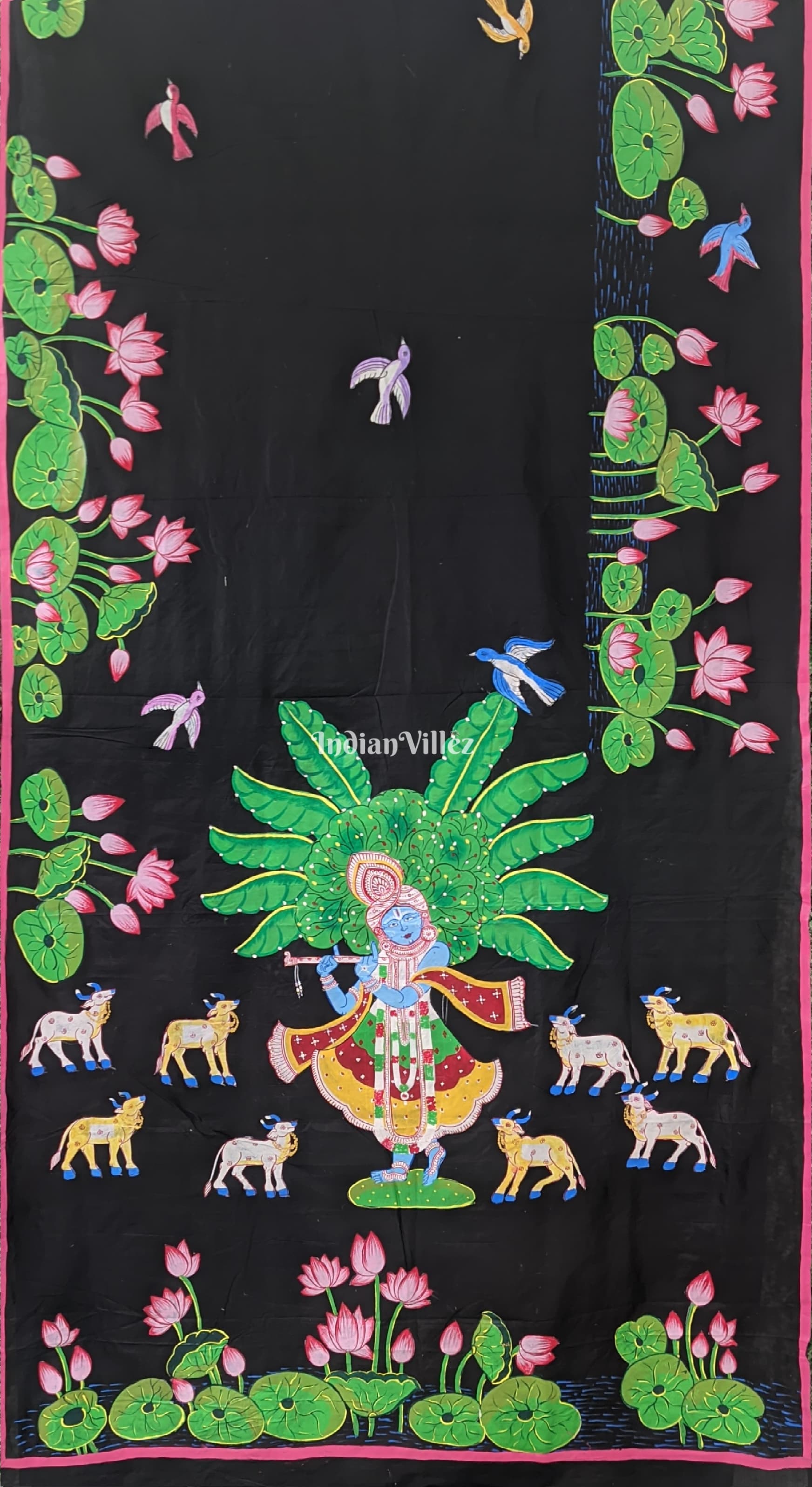 IndianVillèz Black Pattachitra Pichwai Art Saree
