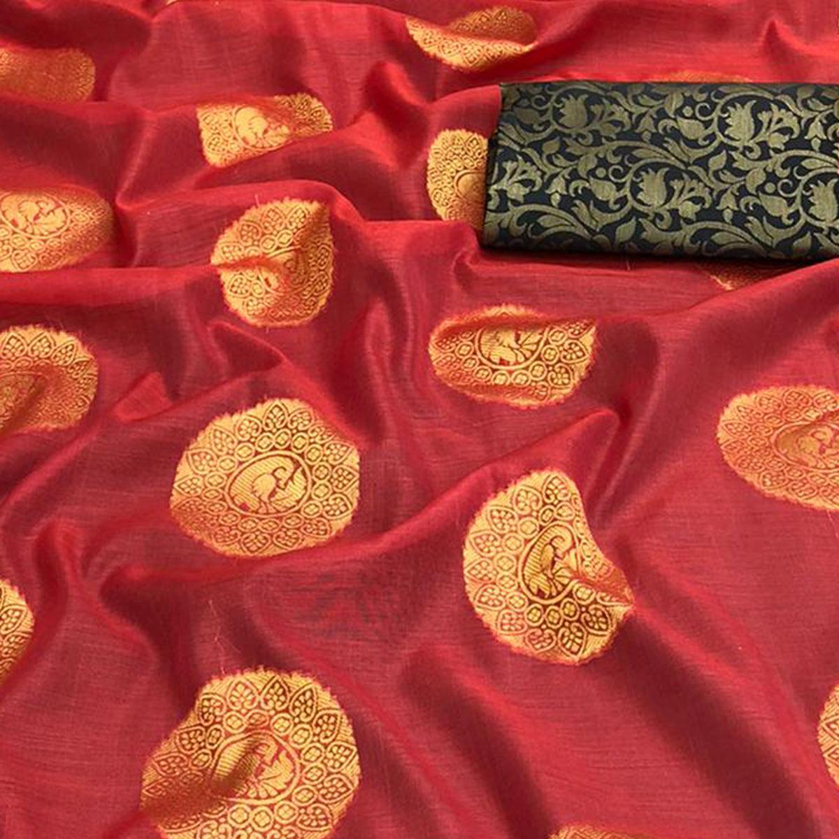 Peachmode Charming Red Colored Festive Wear Woven Cotton Saree - view 3