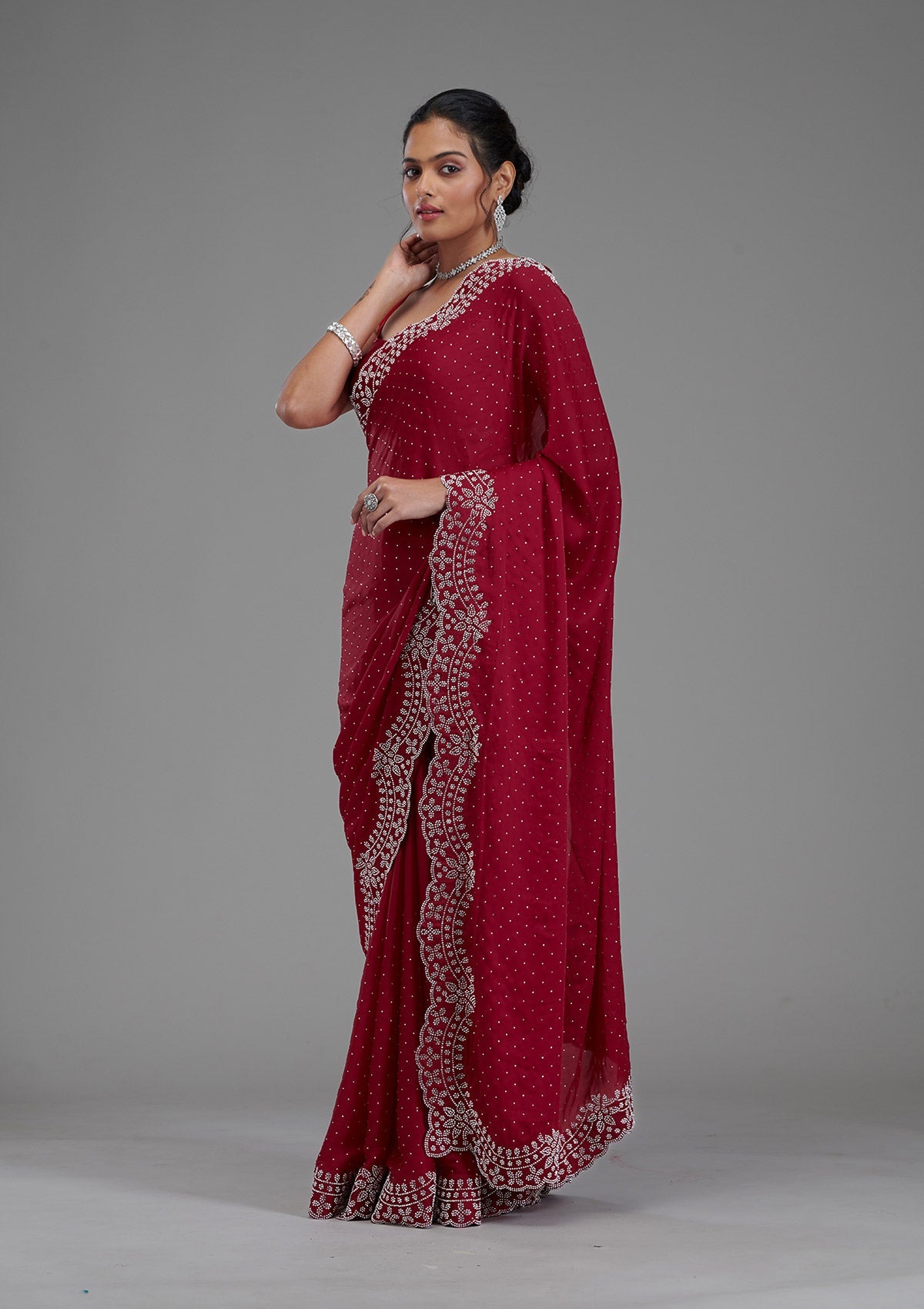 Koskii Maroon Swarovski Satin Saree – Women's - view 3