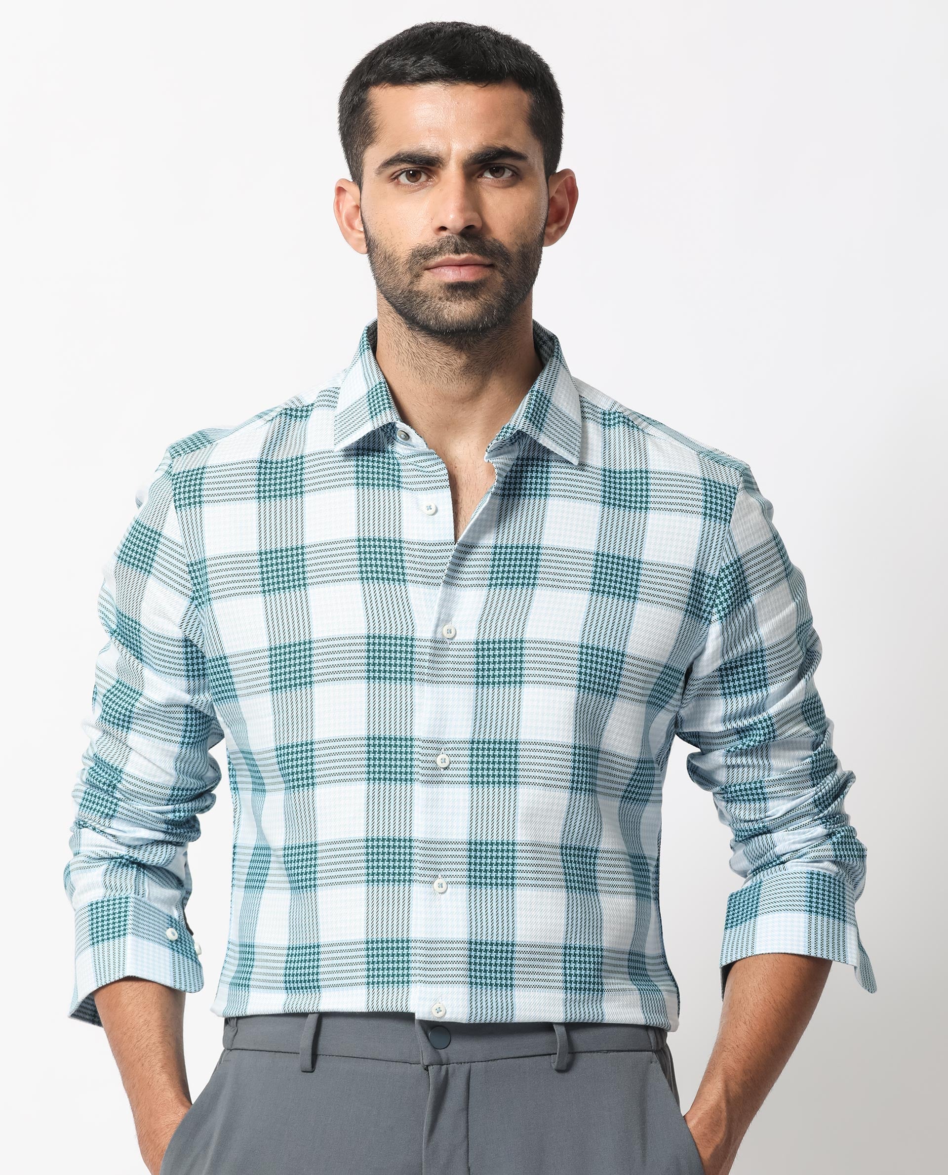 Rare Rabbit Men's Ventura Light Blue Cotton Fabric Full Sleeves Checks Shirt