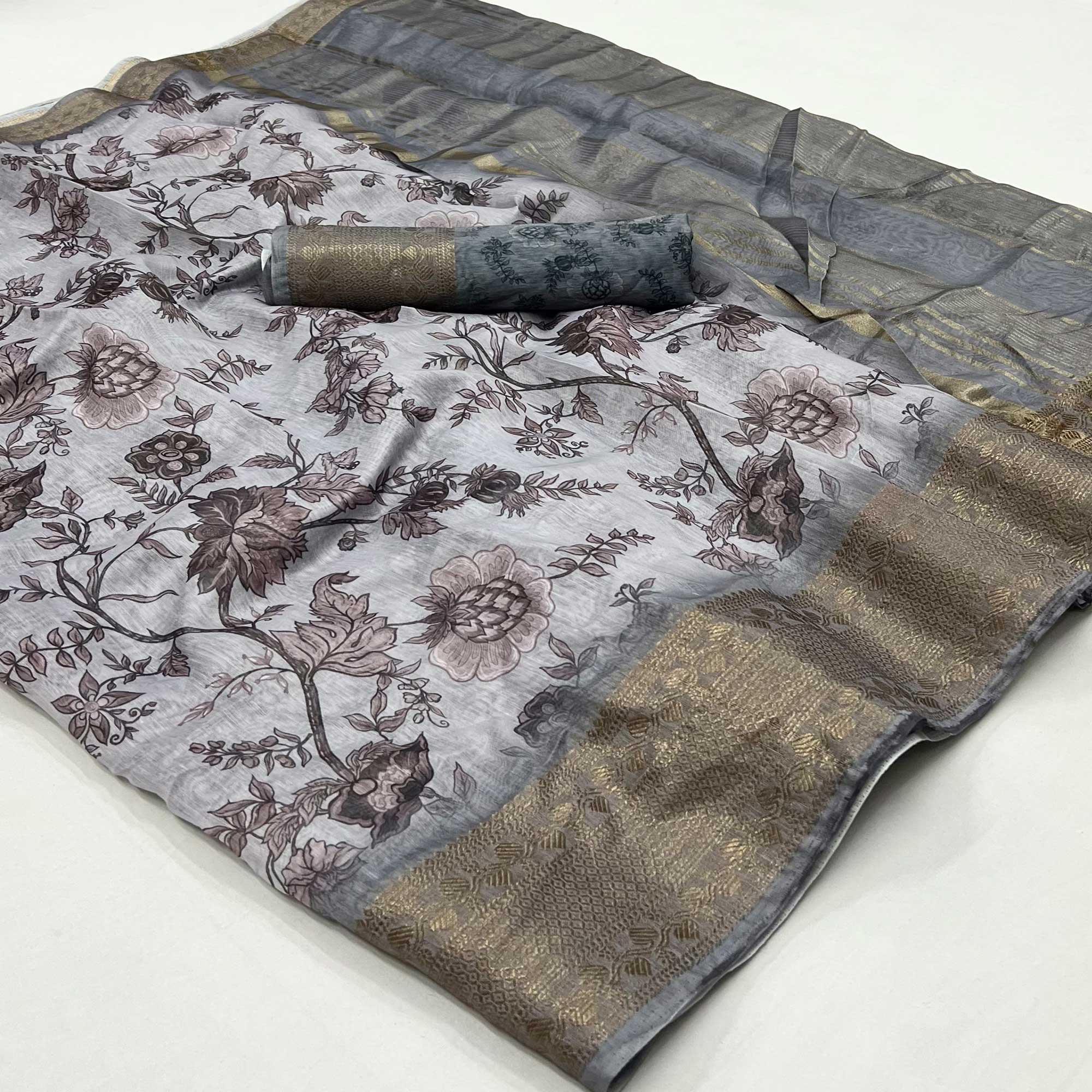 Grey sarees – BlackTree grey-floral-digital-printed-pure-cotton-saree