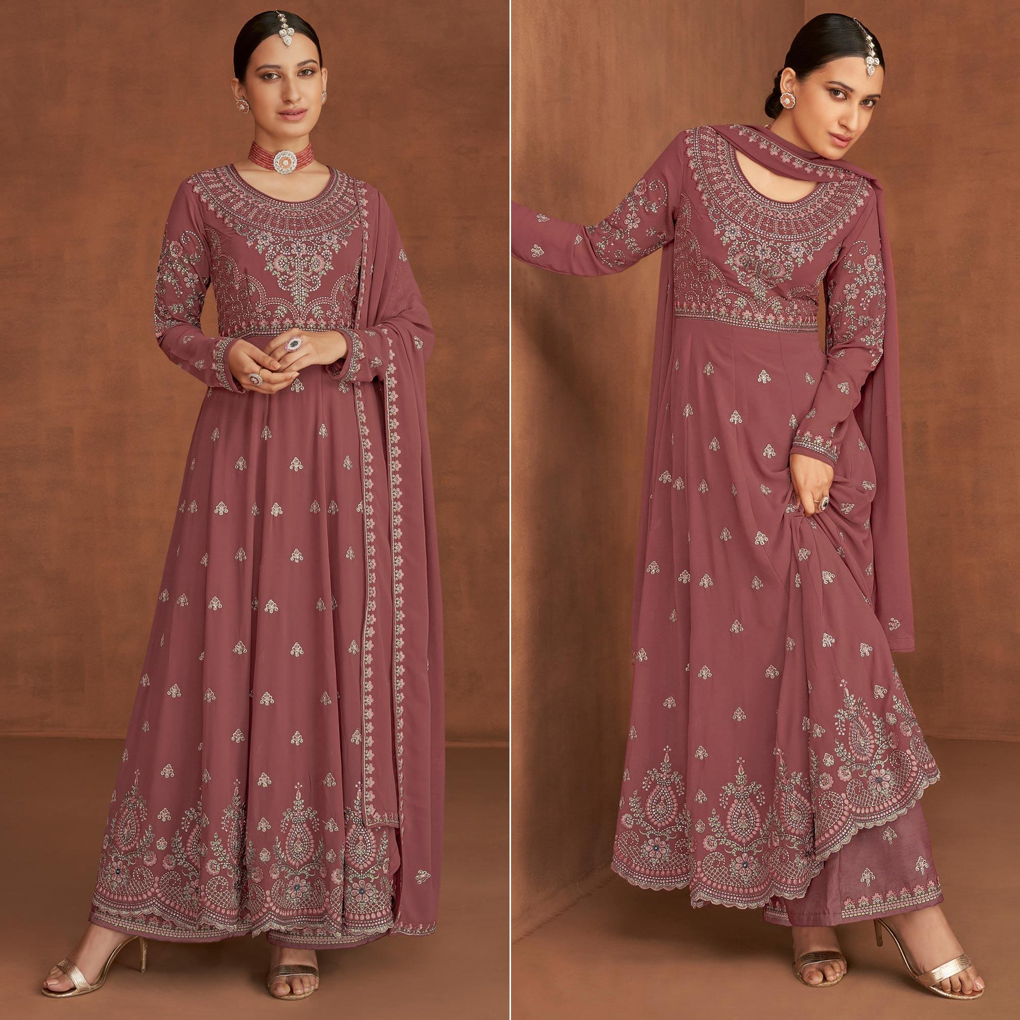 Peachmode Seller Mauve Embellished With Embroidered Georgette Palazzo Suit