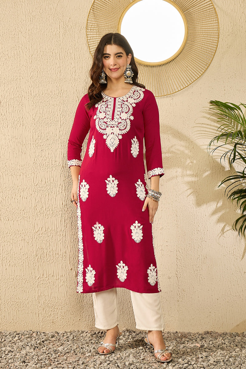 Ahika Red Viscose Rayon Solid Embroidered Straight Kurta VCK9782
