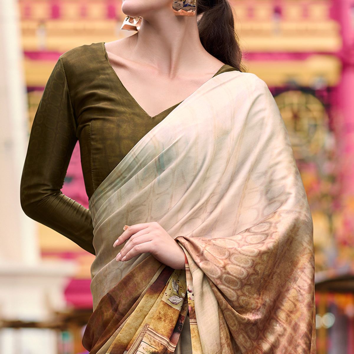 Peachmode Chikoo Digital Printed Pure Satin Saree - view 3