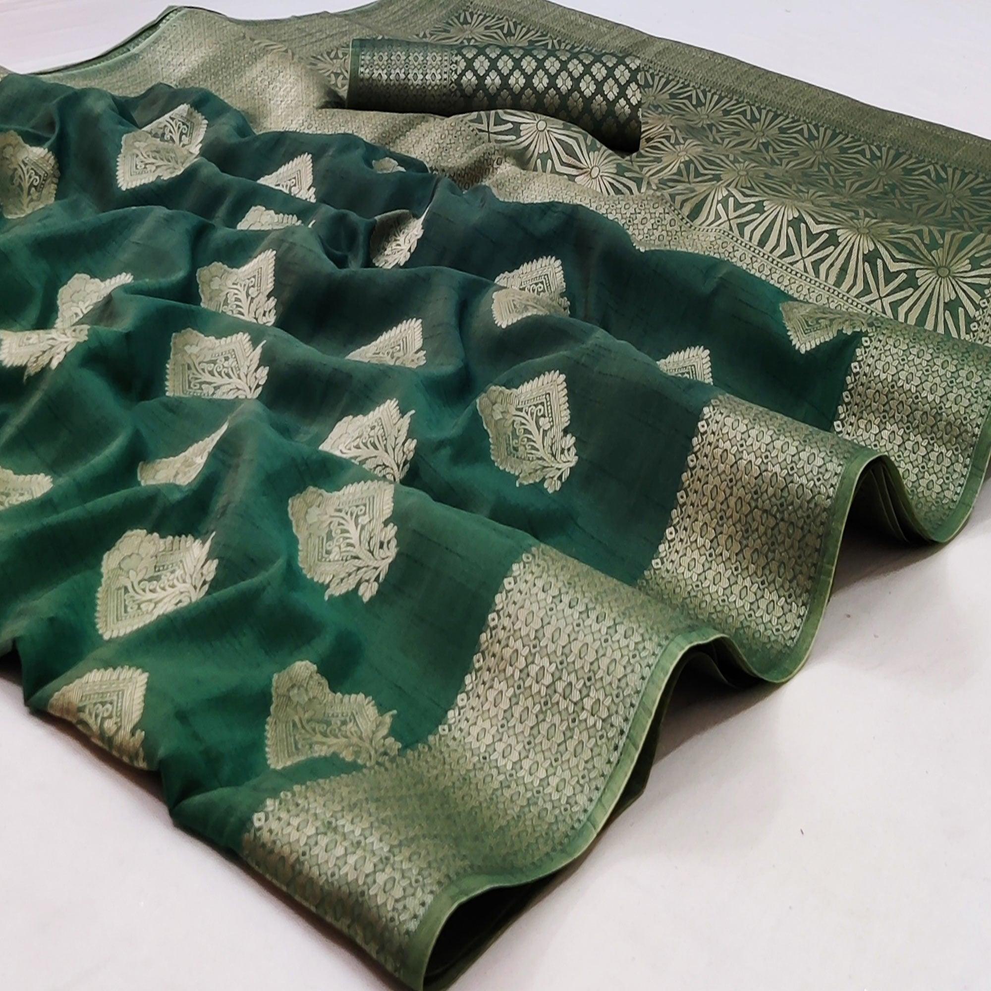 Peachmode Bottle Green Festive Wear Floral Woven Art Silk Saree