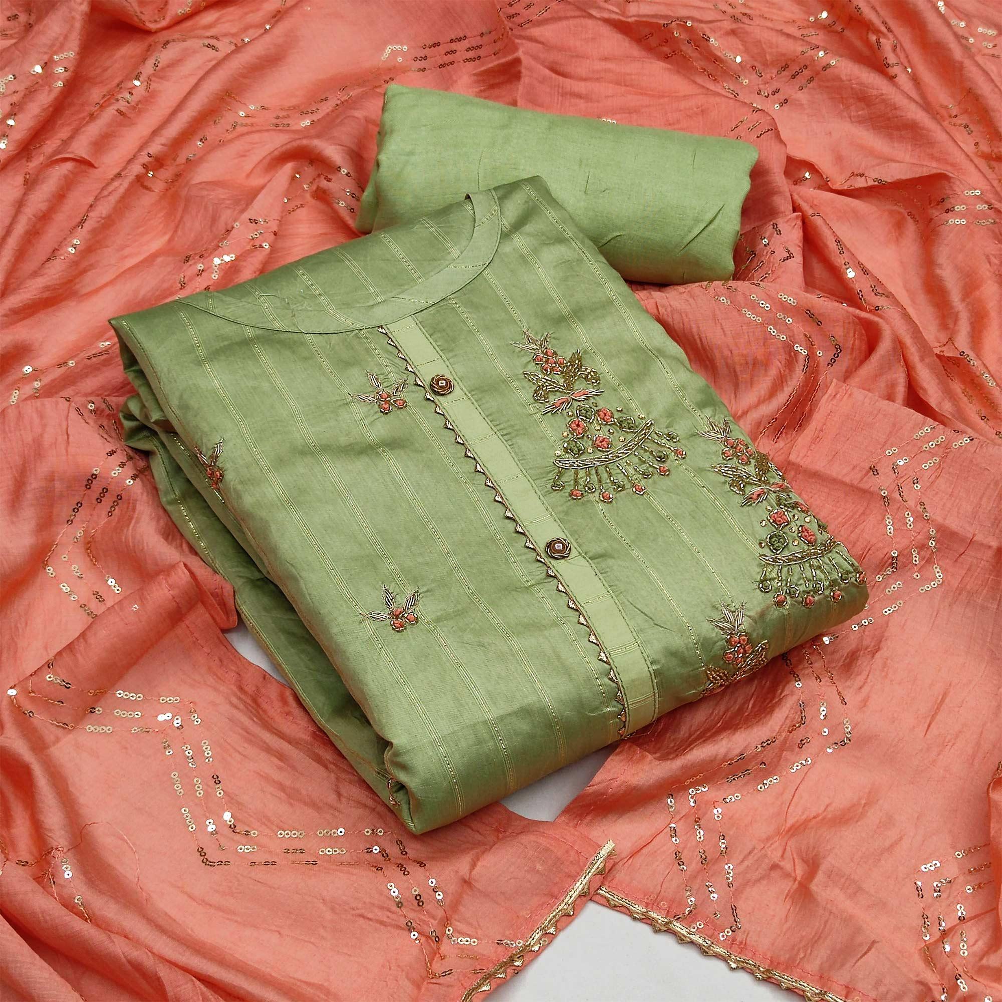 Peachmode Dark Green Casual Wear Embroidered Cotton Dress Material
