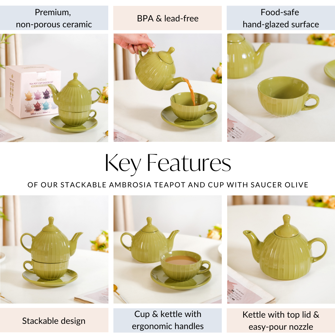 Nestasia Stackable Ambrosia Teapot And Cup With Saucer Olive Green - view 6