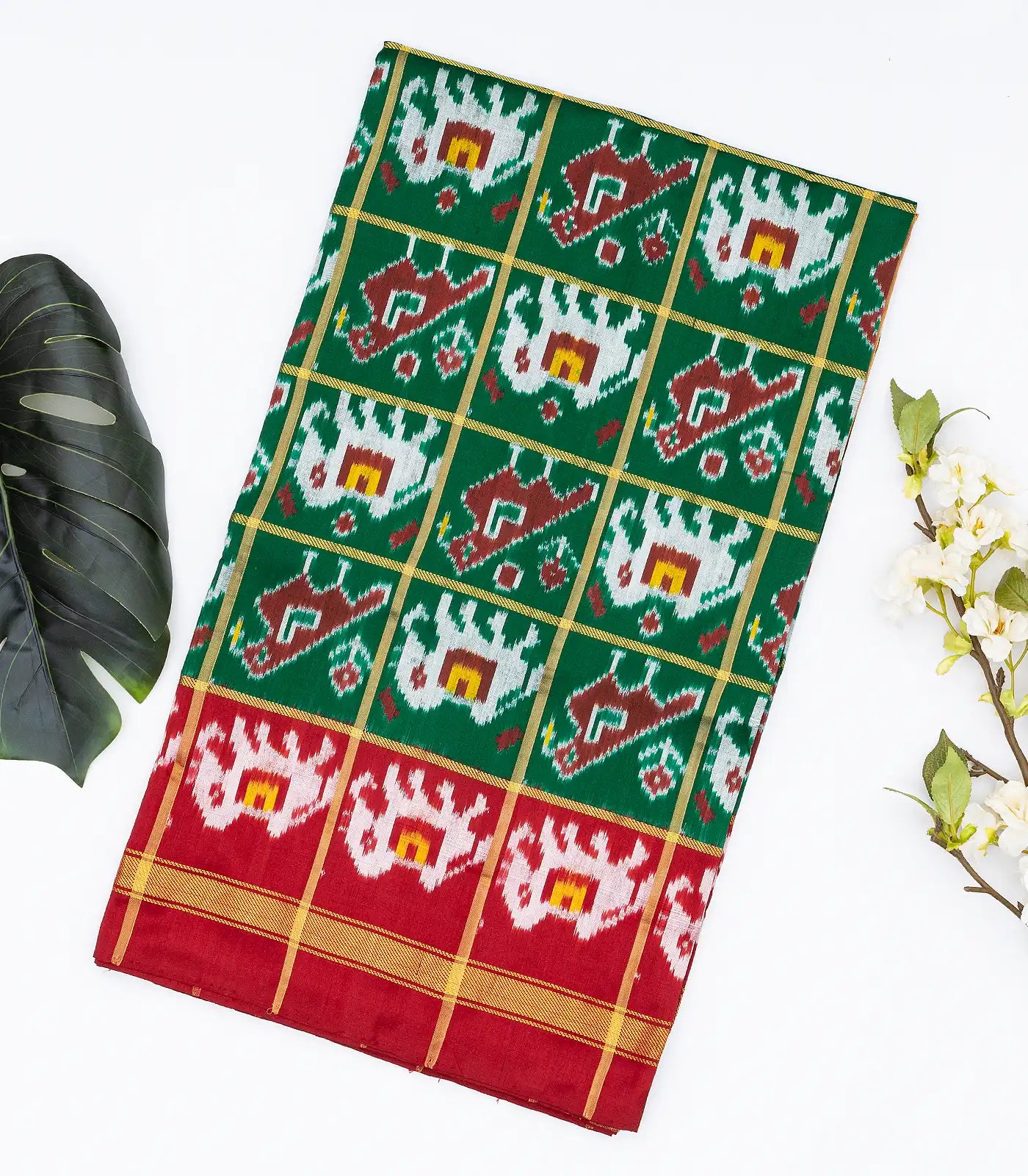 RmKV Green Handloom Ikat Silk Saree With Contrast Crimson Border
