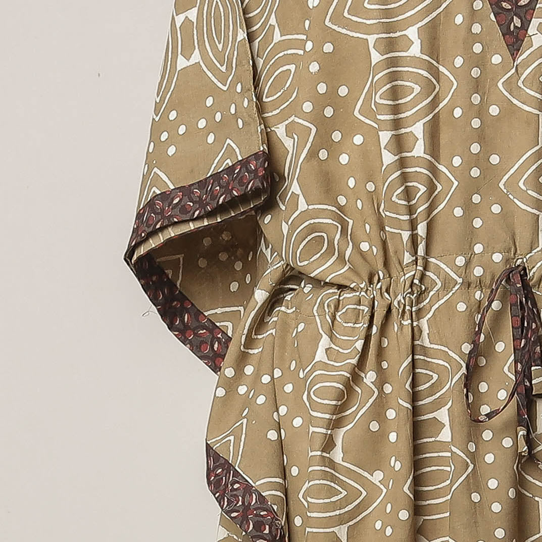 THE SAFFRON SAGA Brown - Pipad Hand Block Printed Cotton Kaftan with Tie-Up Waist (Long) - view 3