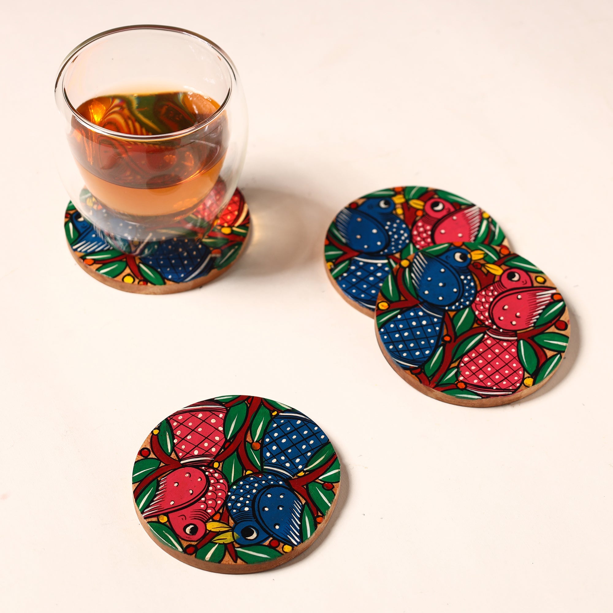 ITOKRI CRAFTS INITIATIVE Bengal Patua Handpainted Akashmoni Wooden Coasters (Set of 4) 44