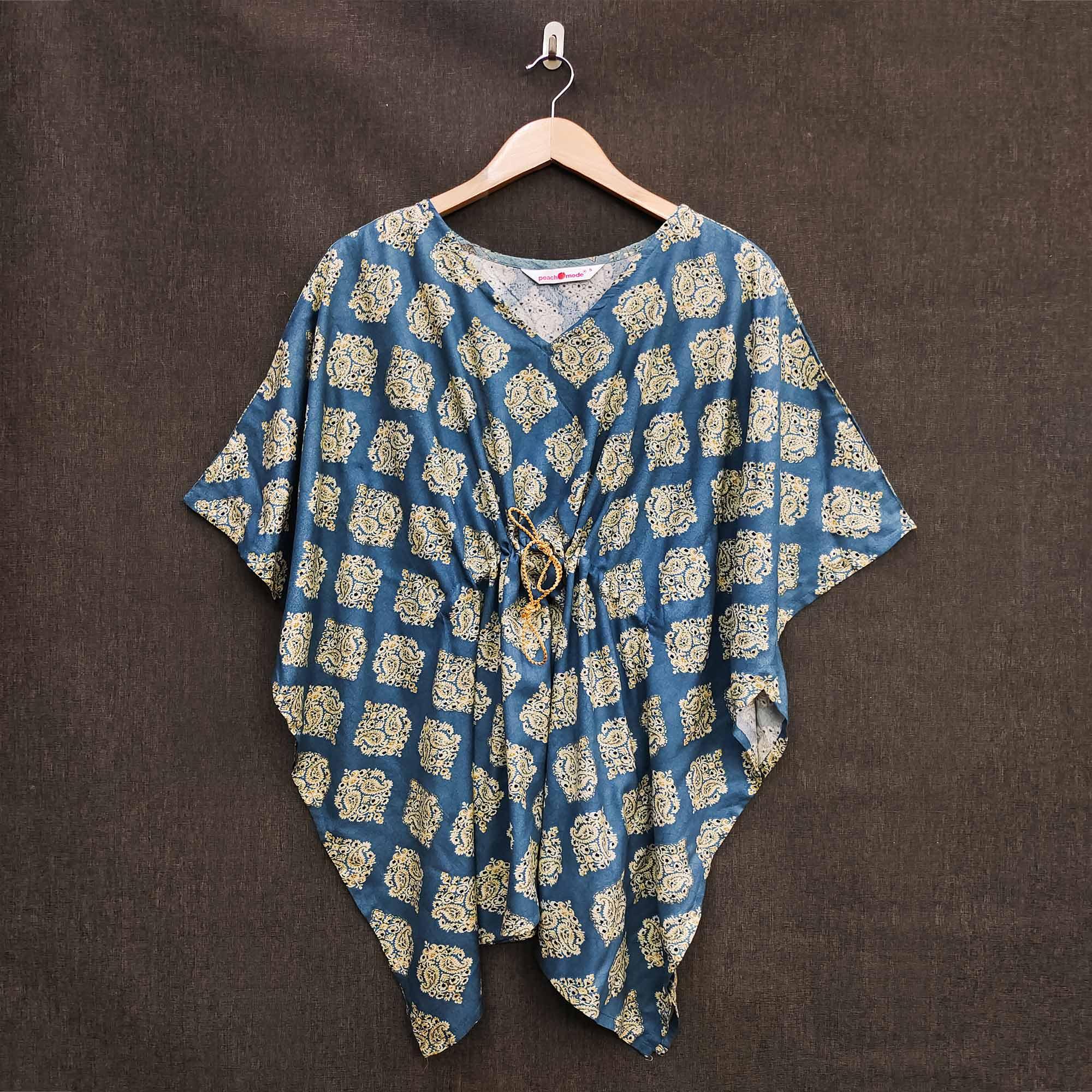 Peachmode Dark Blue Foil Printed Rayon Kaftan Top