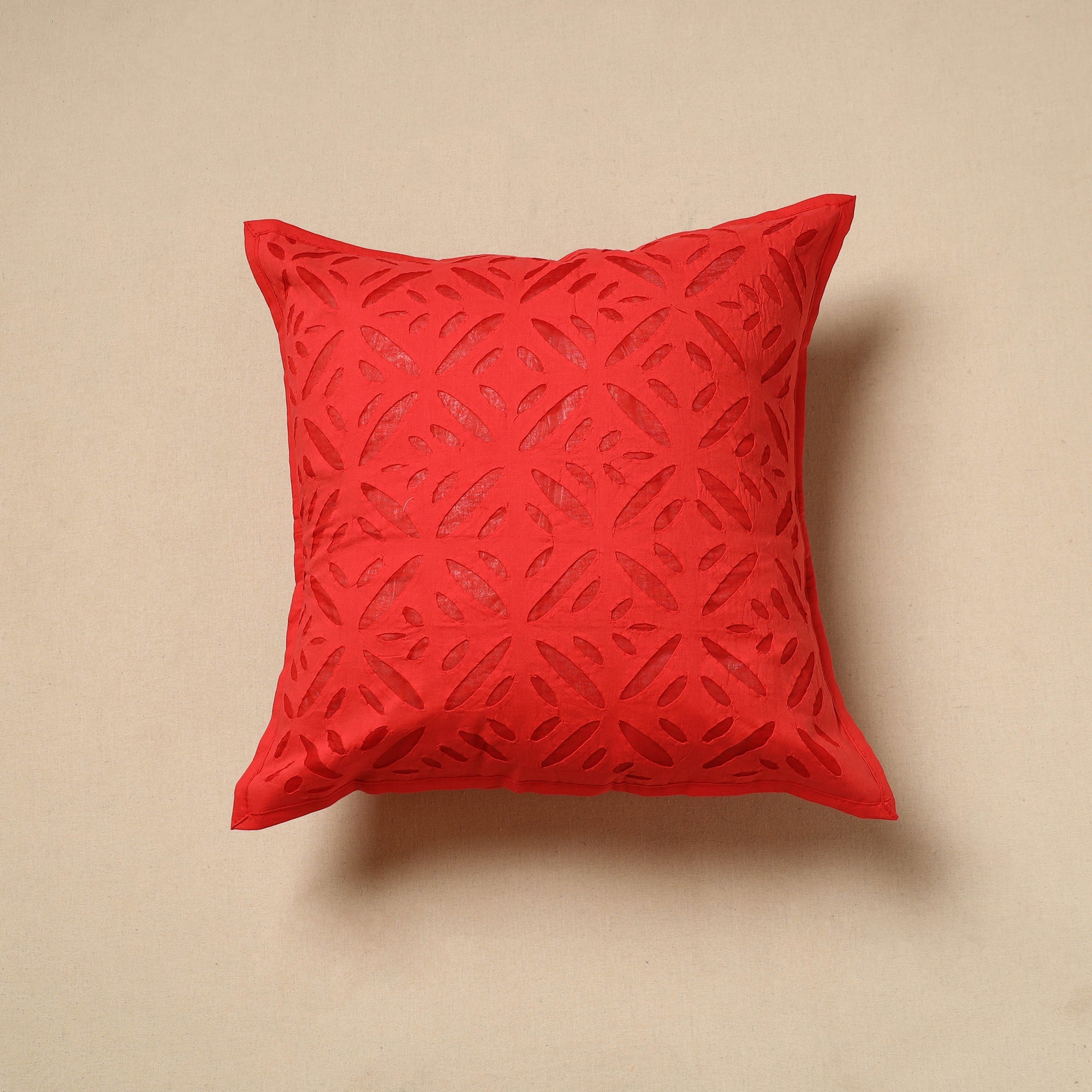 SHADES OF MARUDHARA Red - Cut Work Cotton Applique Cushion Cover (16 x 16 in) 07