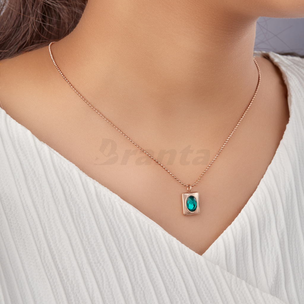 Branta Oval Emerald Diamond Pendant Rose Gold Necklace For Women