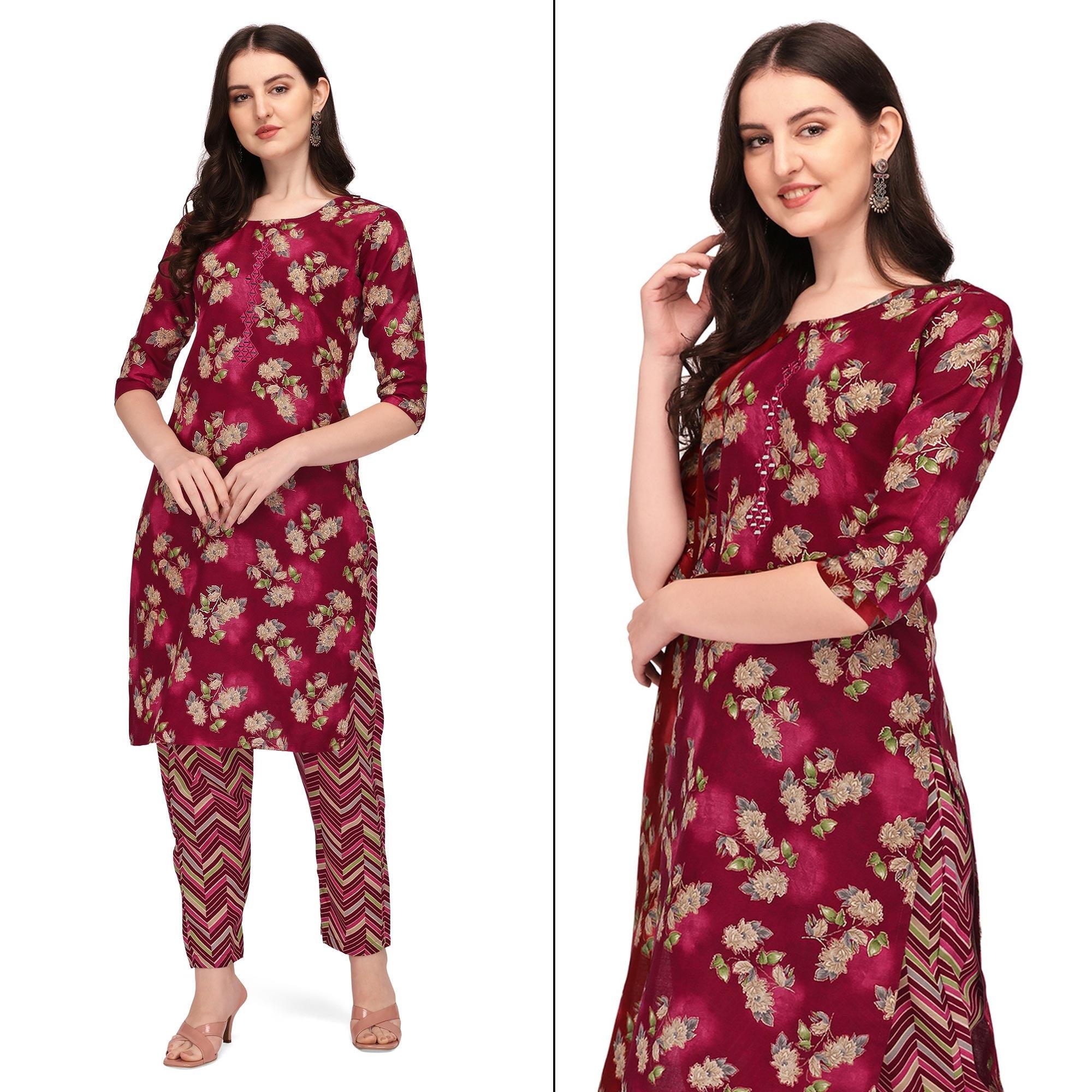 Peachmode Seller Maroon Floral Printed With Embroidered Cotton Blend Kurti Pant Set