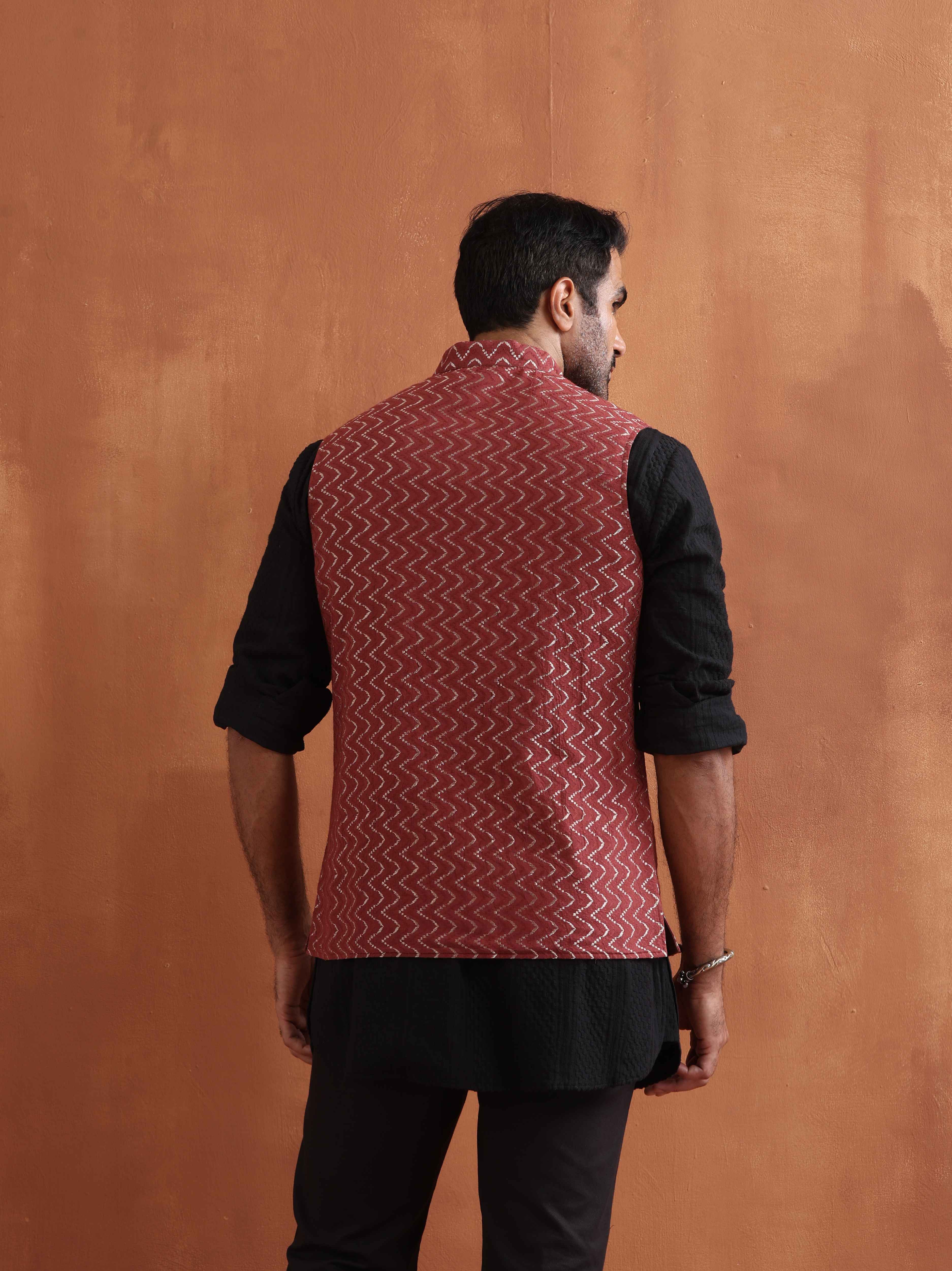trueBrowns Men's Rust Cotton Dobby Nehru Jacket - view 5