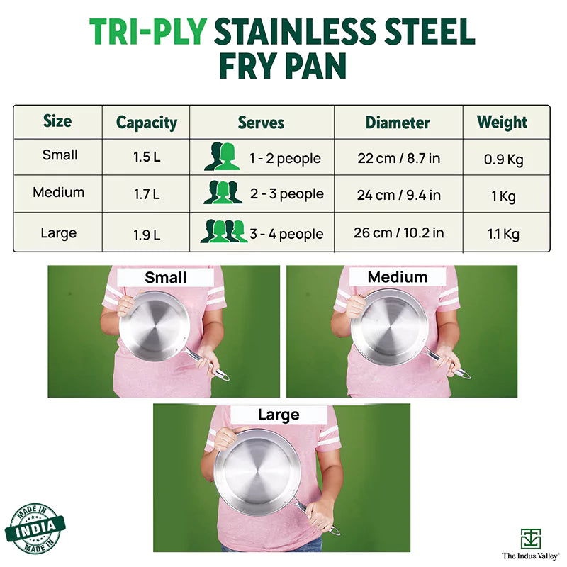 The Indus Valley TurboCuk Tri-ply Stainless Steel Fry Pan, Premium 3 Layer Thick Body, Induction, Non-stick, 23.4/25.4/28 cm, 1.5/1.7/1.9L - view 3
