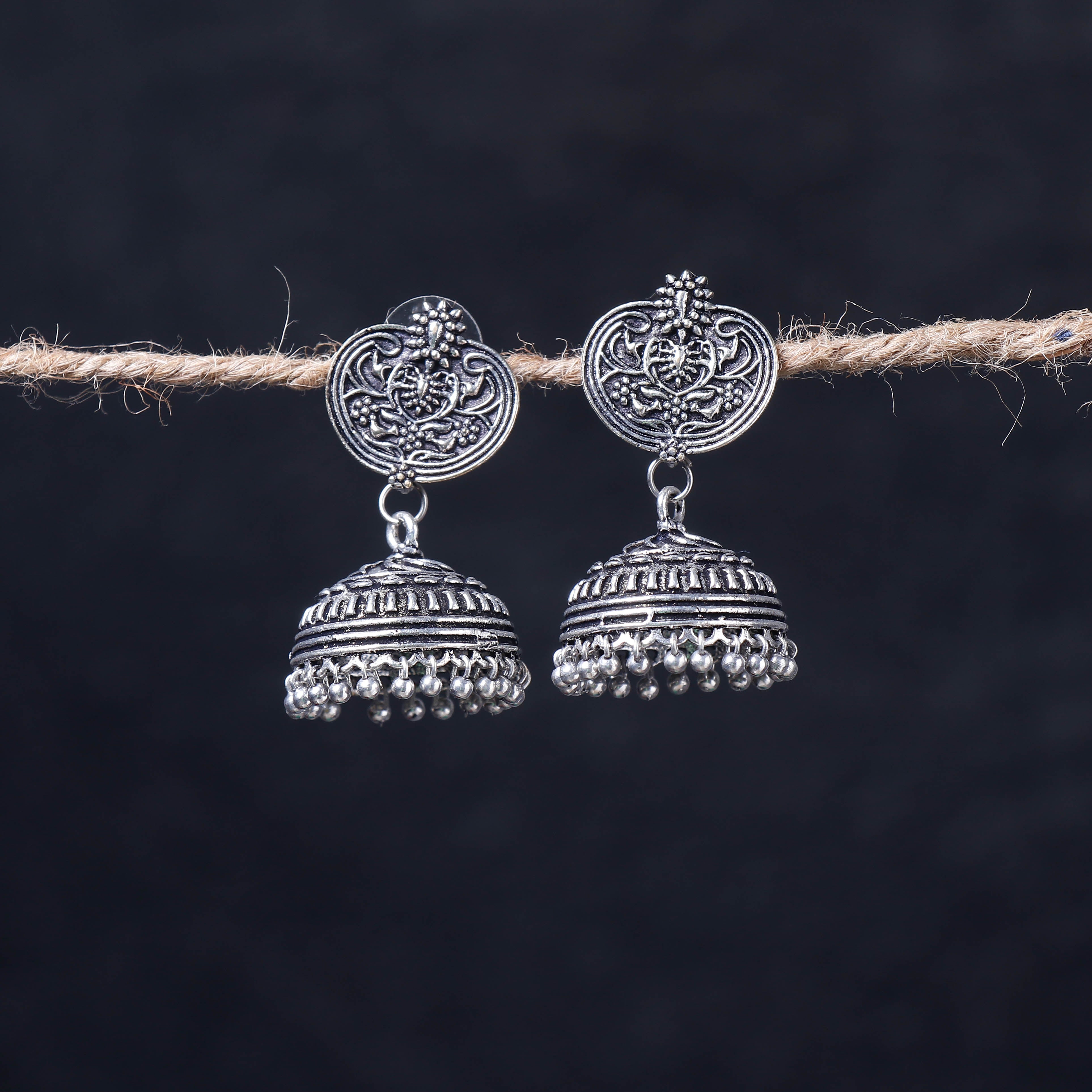 WHITE RIVER STORIES Antique Silver Finish Oxidised Brass Base Jhumka Earrings