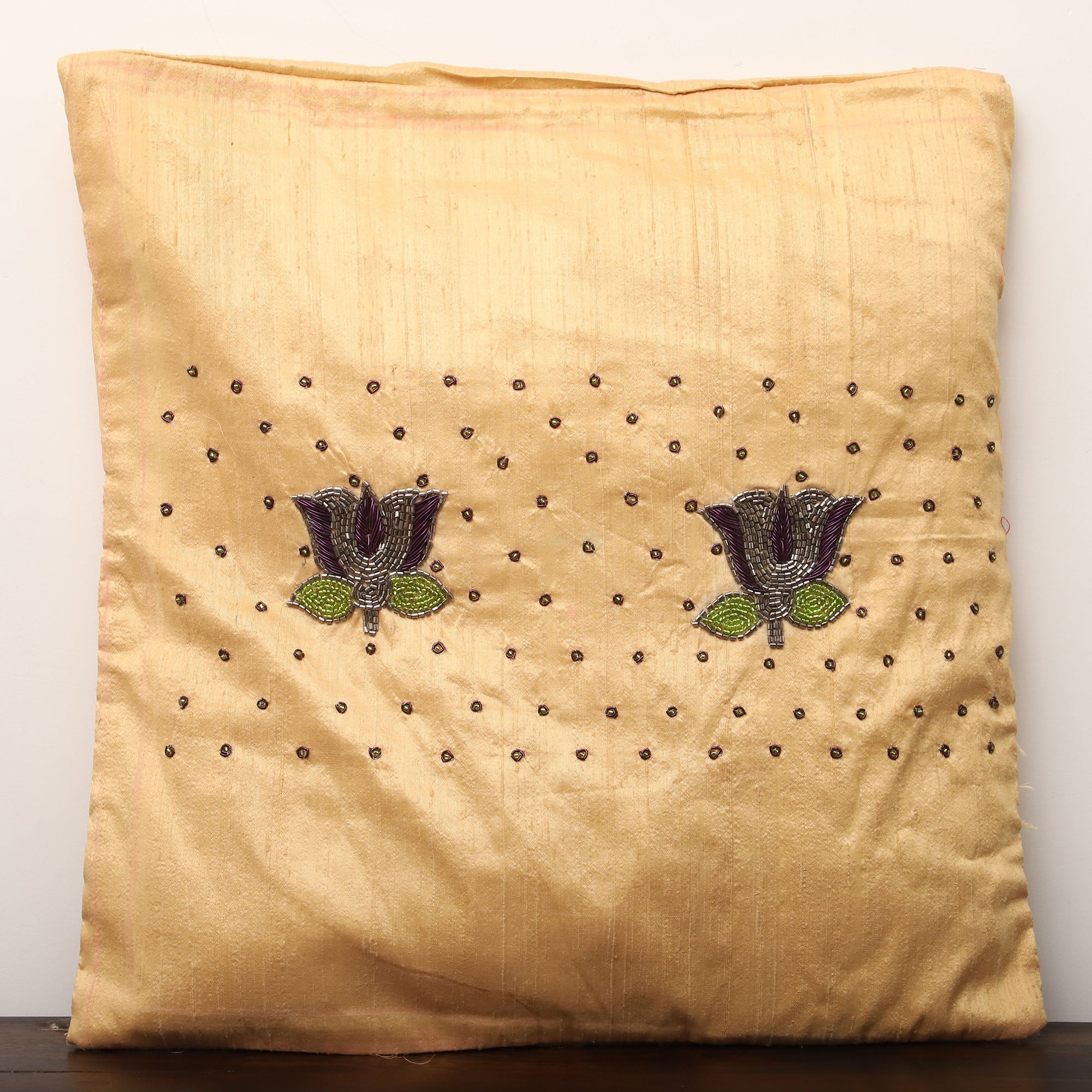 TICS Beige - Lotus Buta - Sequin & Beadwork Raw Silk Cushion Cover (Set of 5) - view 10