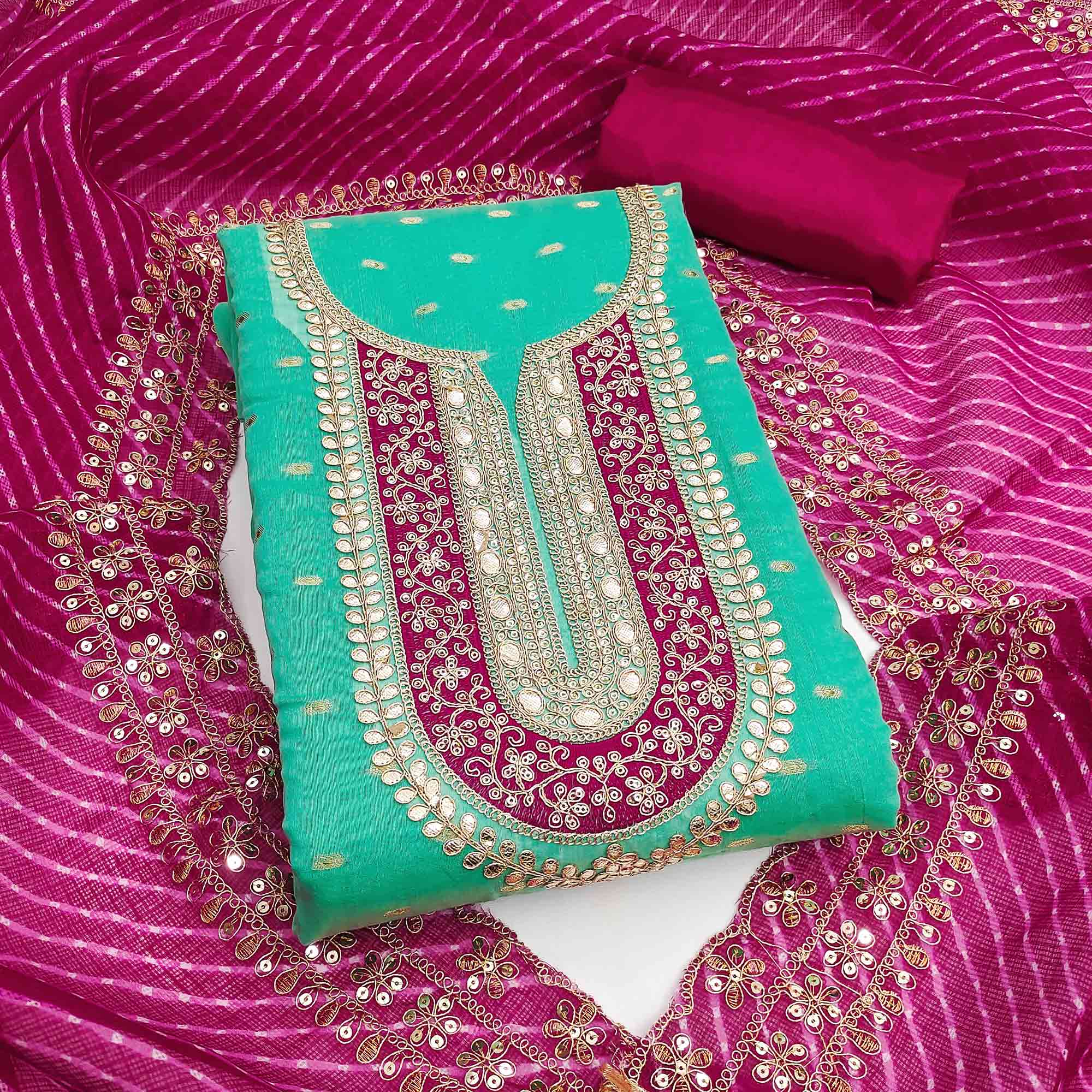 Peachmode Rama Green Woven With Sequins Embroidered Modal Chanderi Silk Dress Material