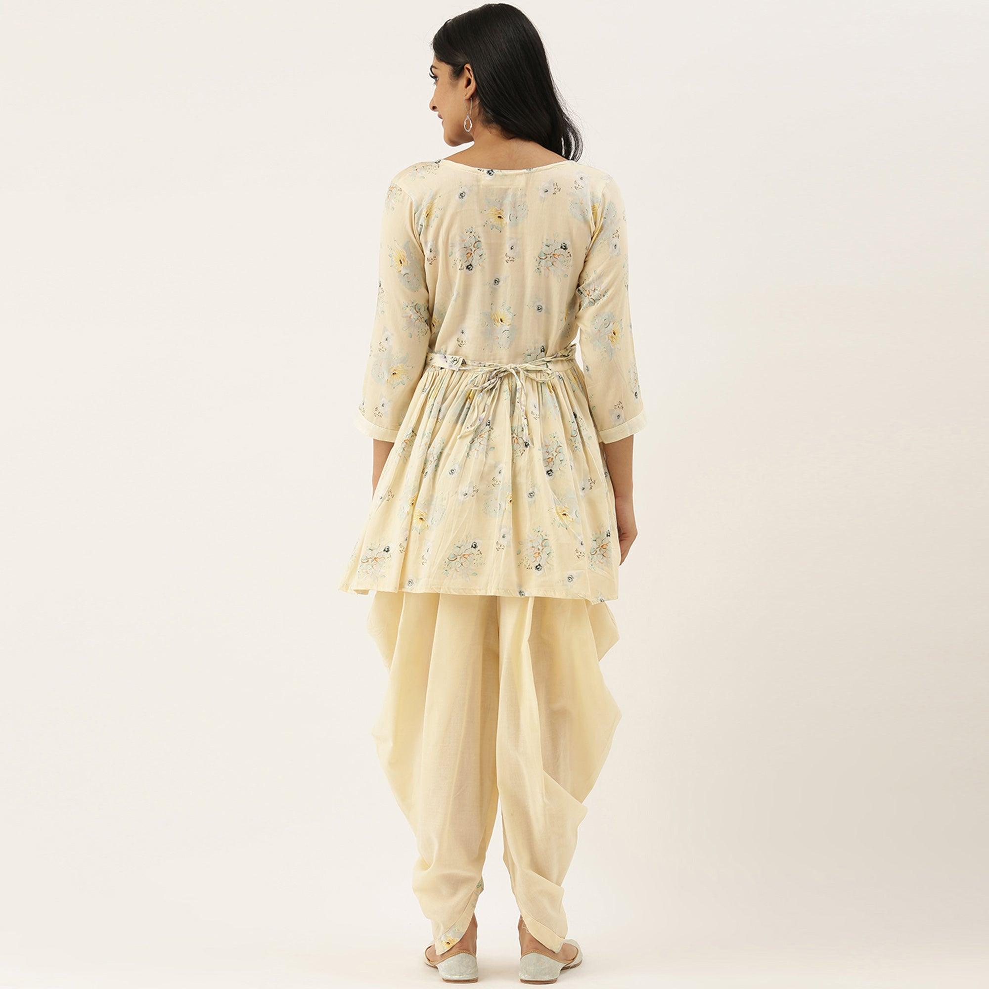 Peachmode Seller Cream Casual Wear Printed Pure Cotton Kurti With Dhoti Set - view 2
