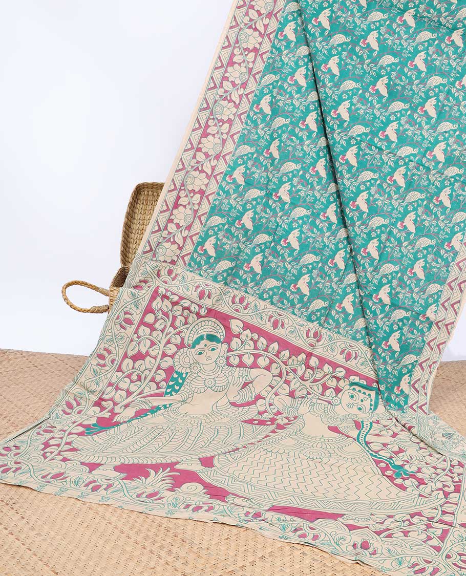 Pothys Blue floral & bird machine-printed kalamkari cotton saree, contrast floral border & human figurines pallu