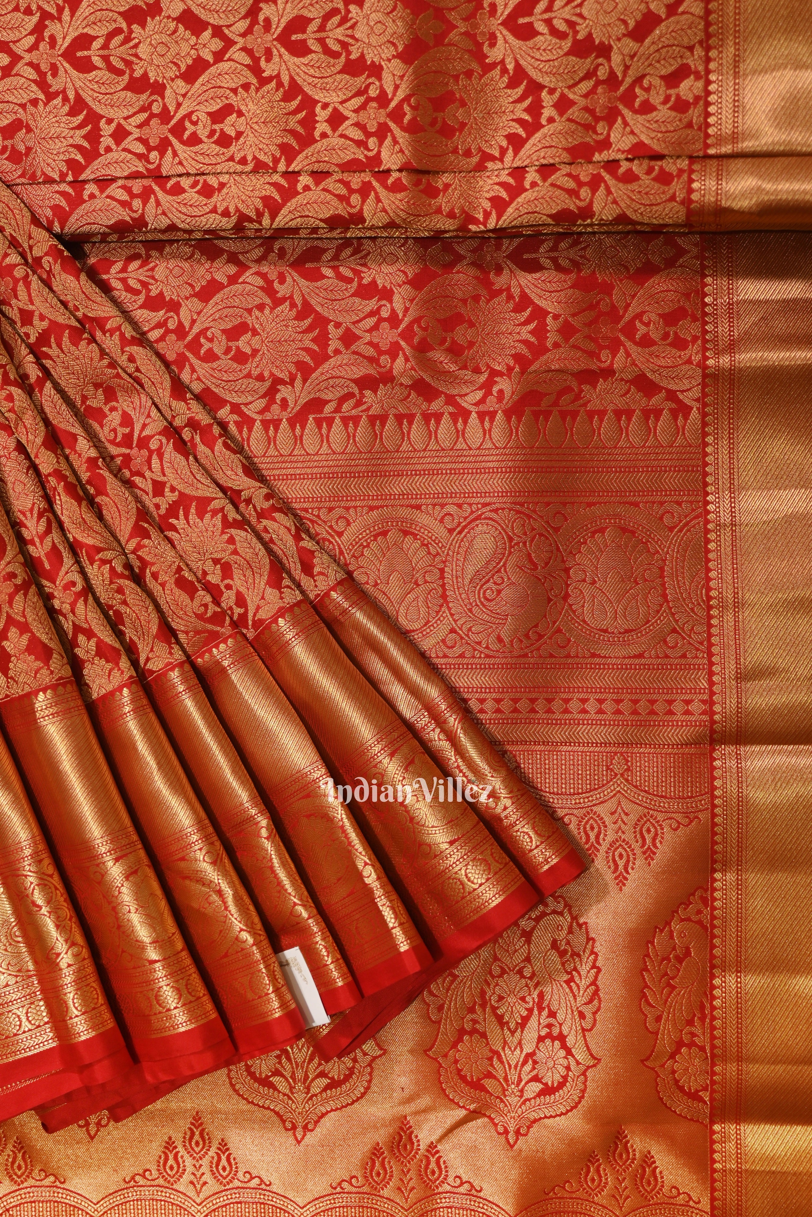 IndianVillèz Red Pure Kanjivaram Silk Saree with Zari Brocade