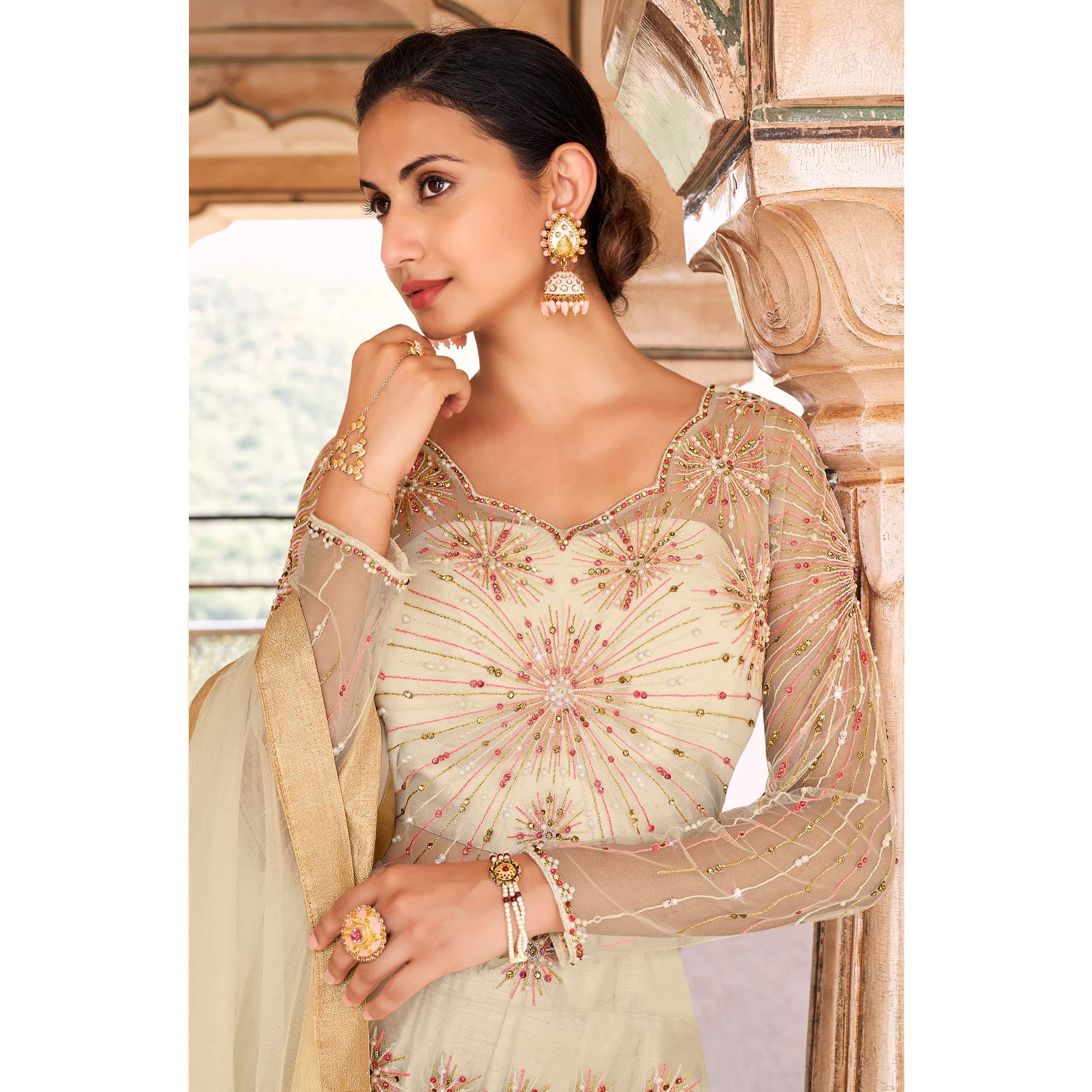 Peachmode Light Grey Partywear Embroidered & Swarovski Work Soft Net Gown - view 3