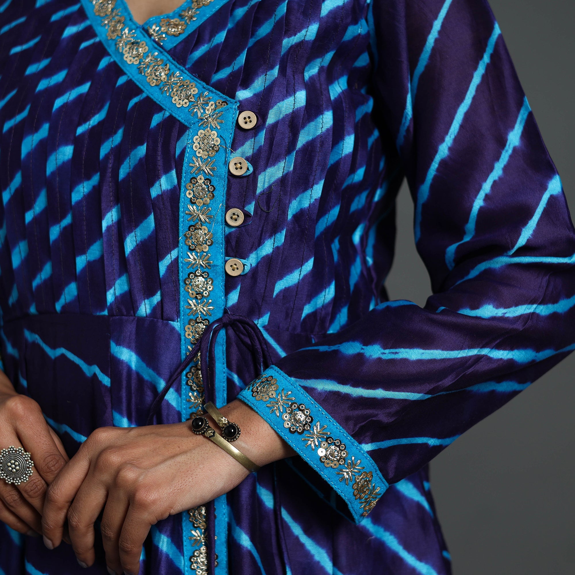 ITOKRI CASUALS Blue - Angrakha Handloom Chanderi Silk Tie-Dye Leheriya Kurta 03 - view 6