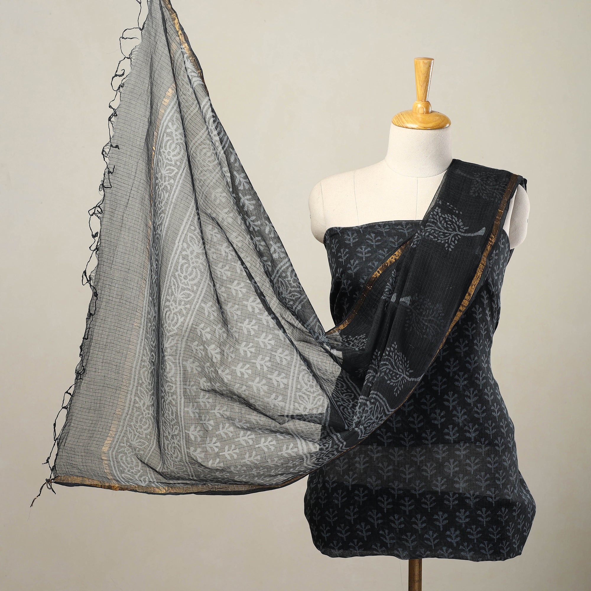 ARTISAN HAND BLOCK PRINTS Black - 3pc Block Print Kota Cotton Batik Dress Material 01