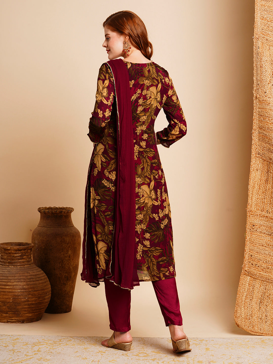 FASHOR Floral Printed & Hand Embroidered Kurta with Pant & Dupatta - Maroon - view 6