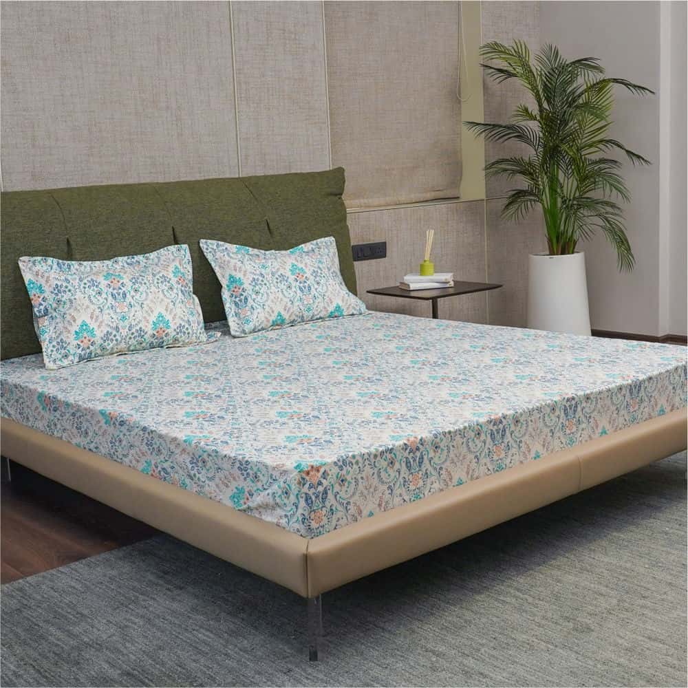 Urban Space -Home Furnishing Store Regal Collection - Breathable 200 TC 100% Pure Cotton Bedsheet with Pillow Cover, Mughal Garden - Blue