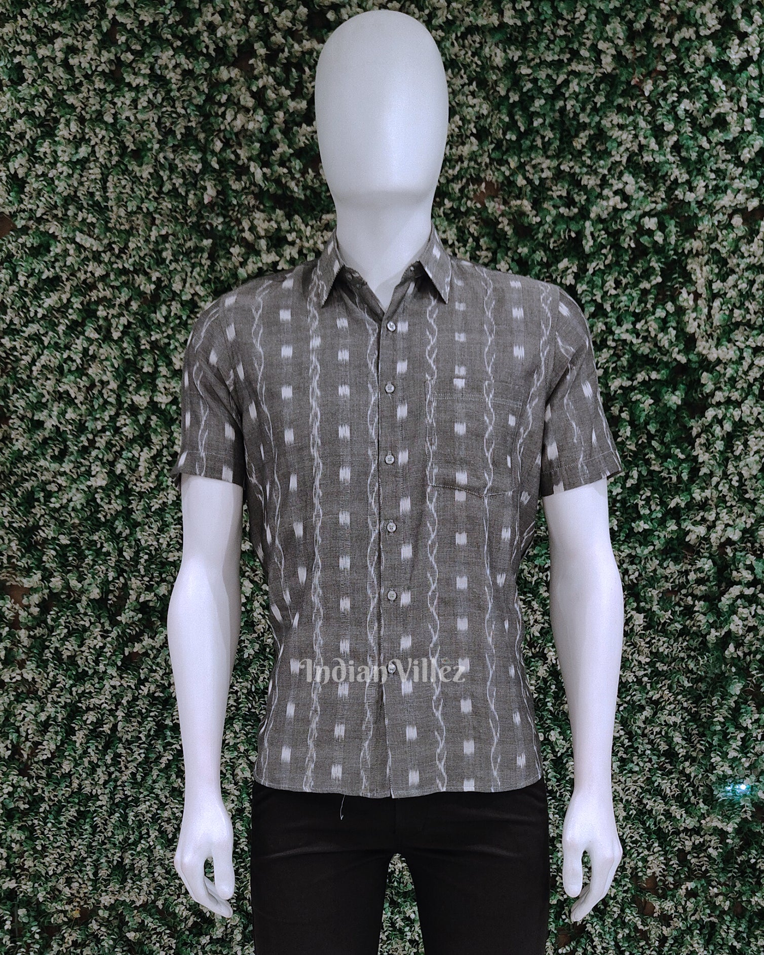 IndianVillèz Grey Tipa Design Odisha Ikat Cotton Half Sleeve Shirt for Men