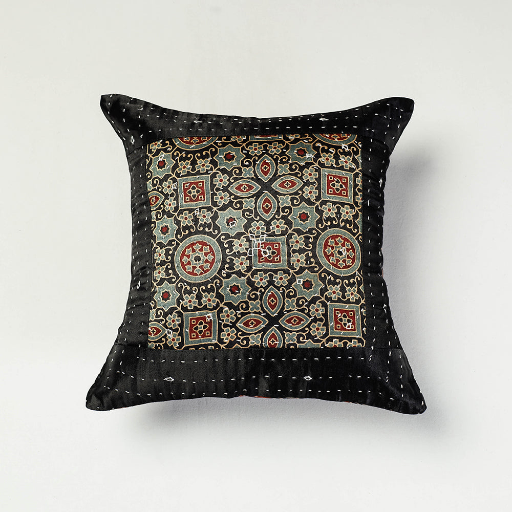 KACHCHH JI CHHAAP Black - Kutch Embroidered Ajrakh Mashru Silk Cushion Cover (12 x 12 in)