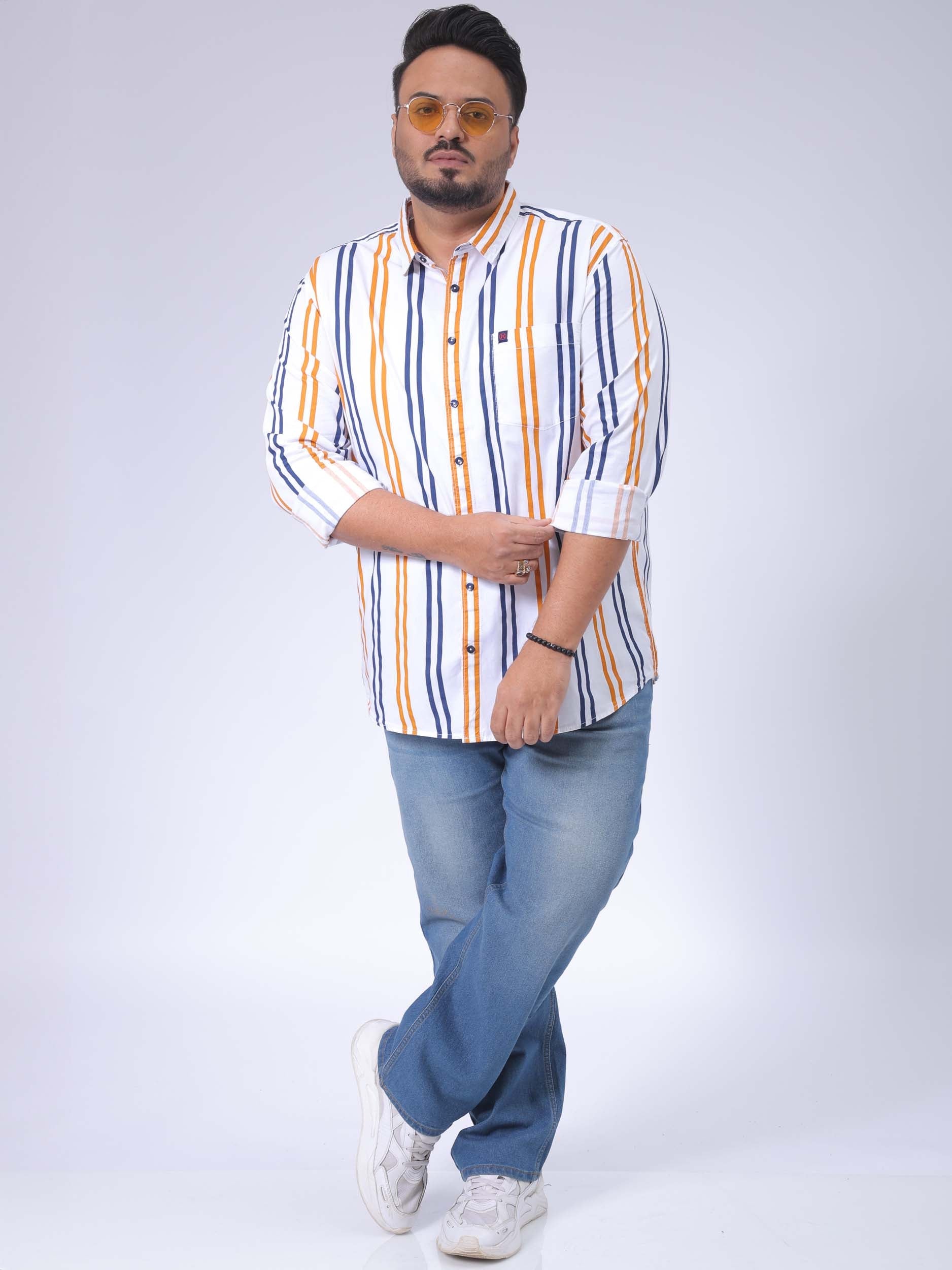 HARDSODA Men's Plus Size White Regular Fit Vertical Striped Casual Shirt - view 2