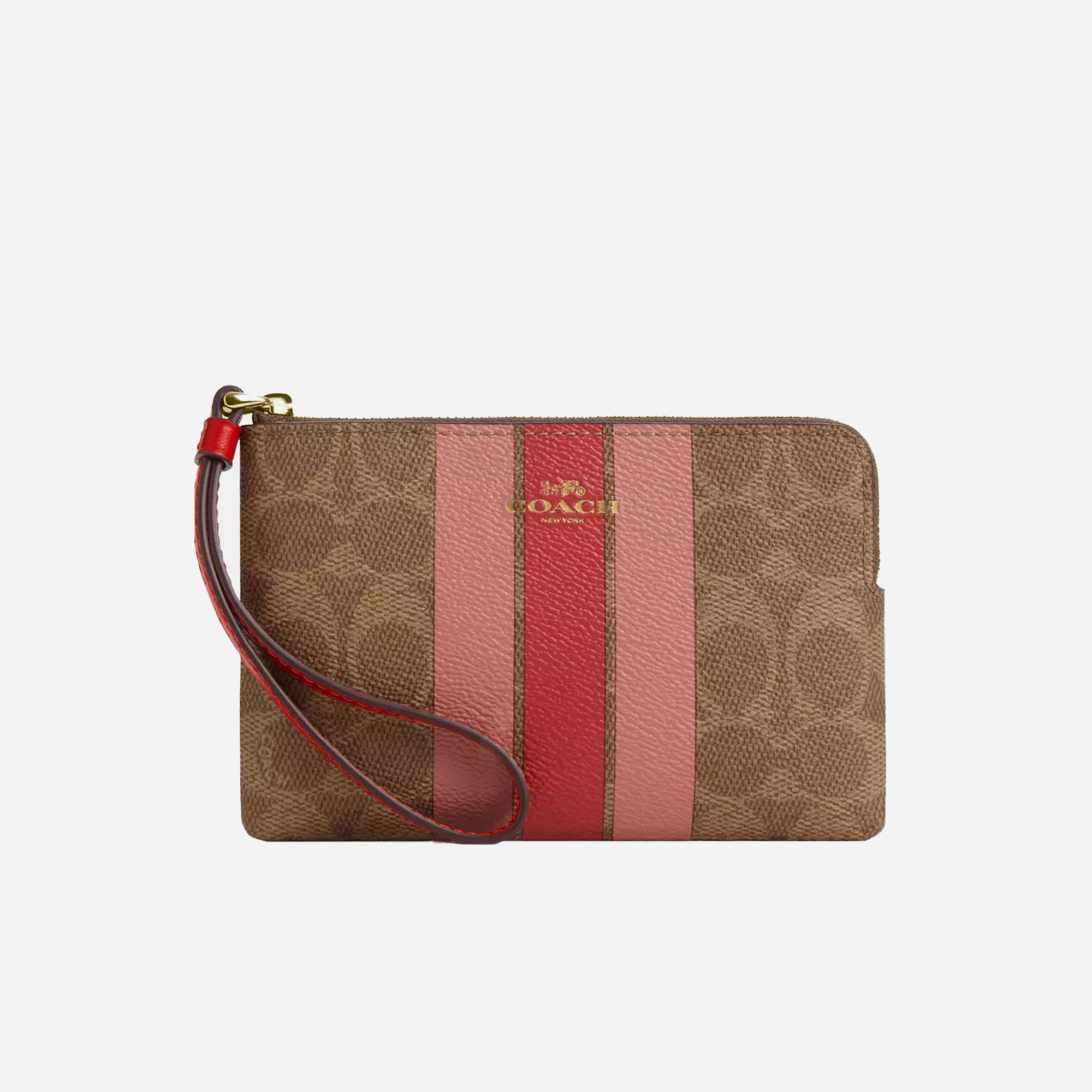 COACH Corner Zip Wristlet In Signature Canvas With Stripe Gold/Tan Multi