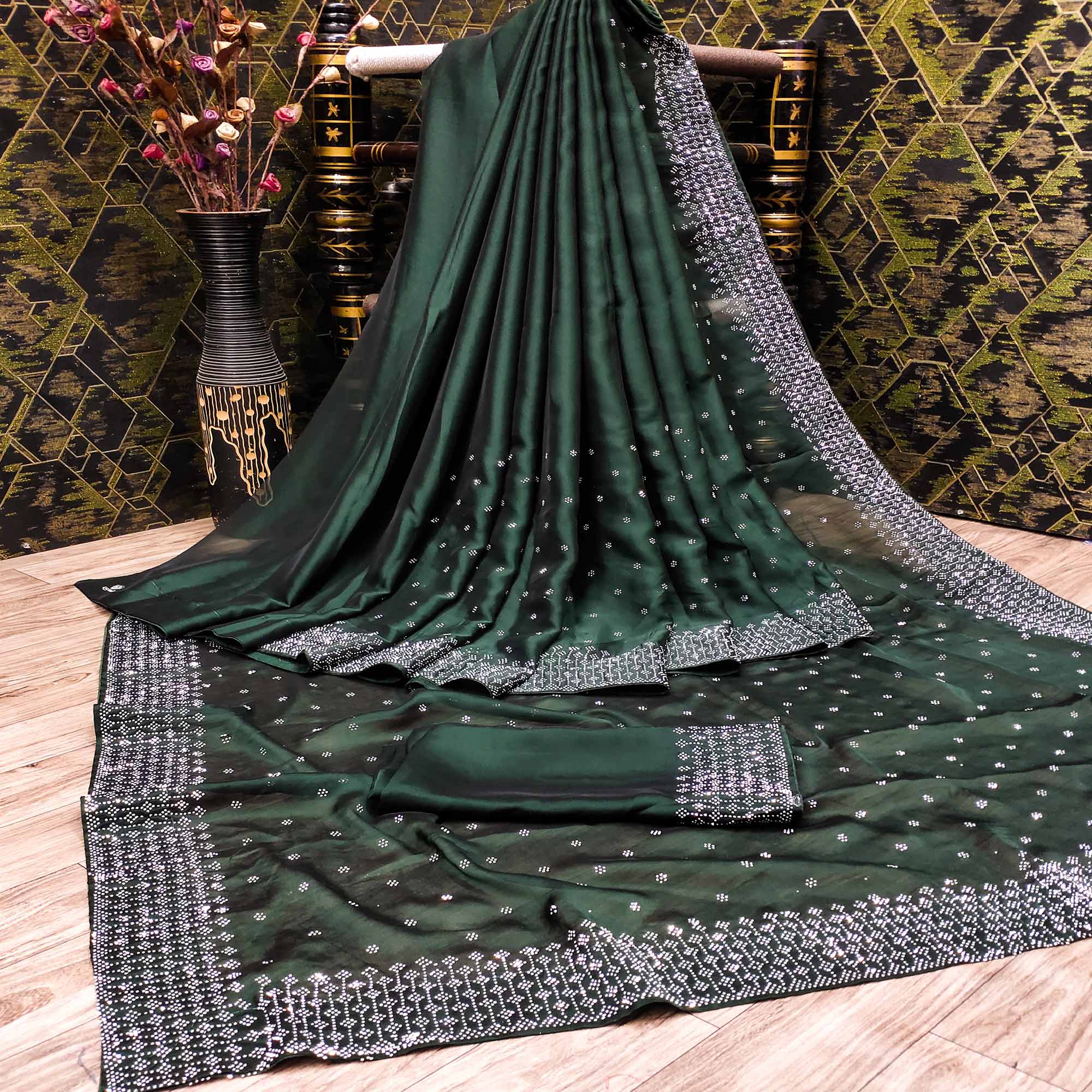 Green sarees – BlackTree green-floral-swarovski-work-georgette-saree-1