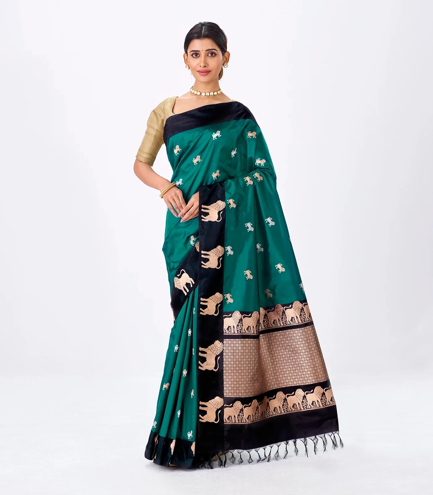 RmKV Cyan Handloom Banarasi Silk Saree With Lion Zari Buttas