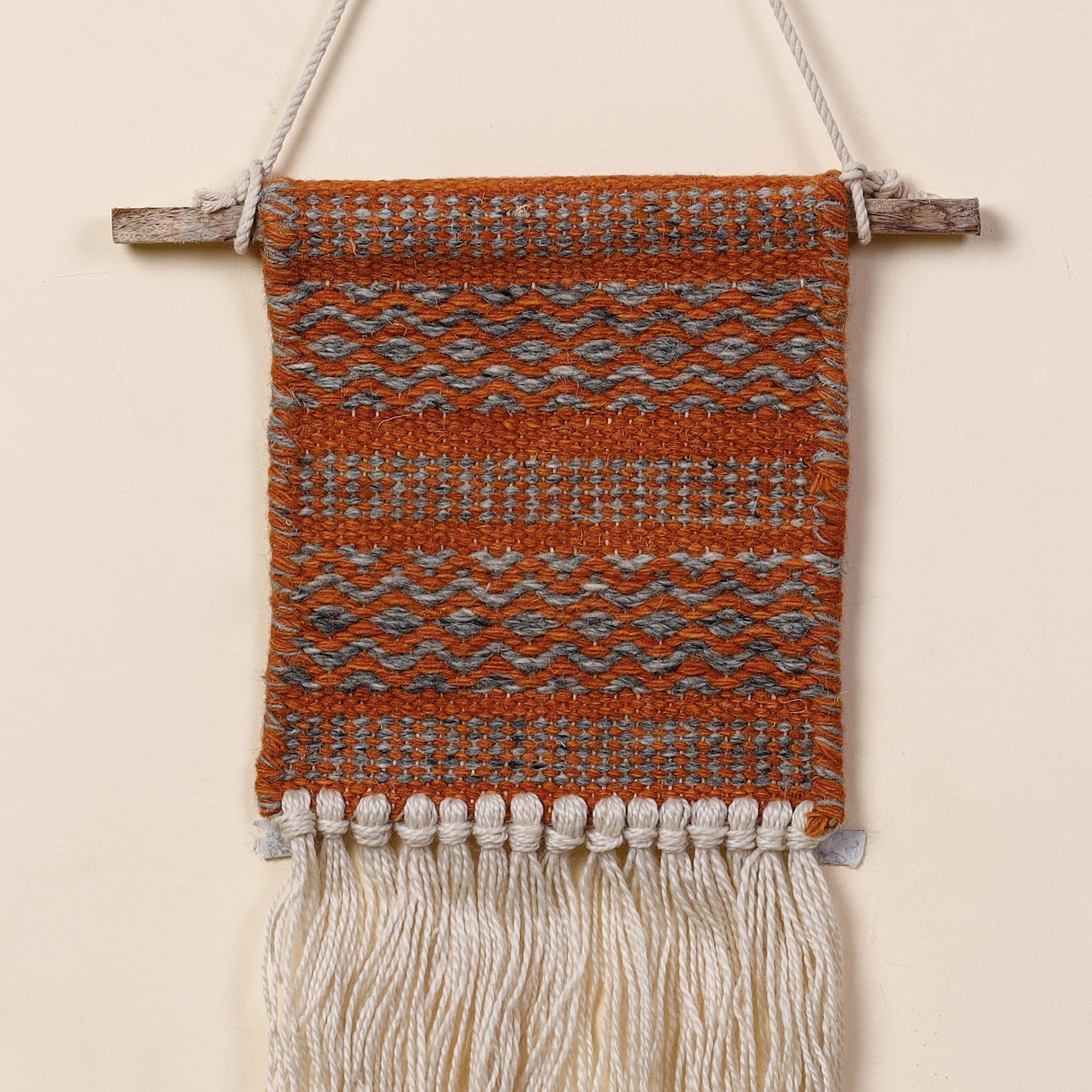 ITOKRI CRAFTS INITIATIVE Bhadohi Handwoven Wool Geometric Fringed Wall Hanging - view 2