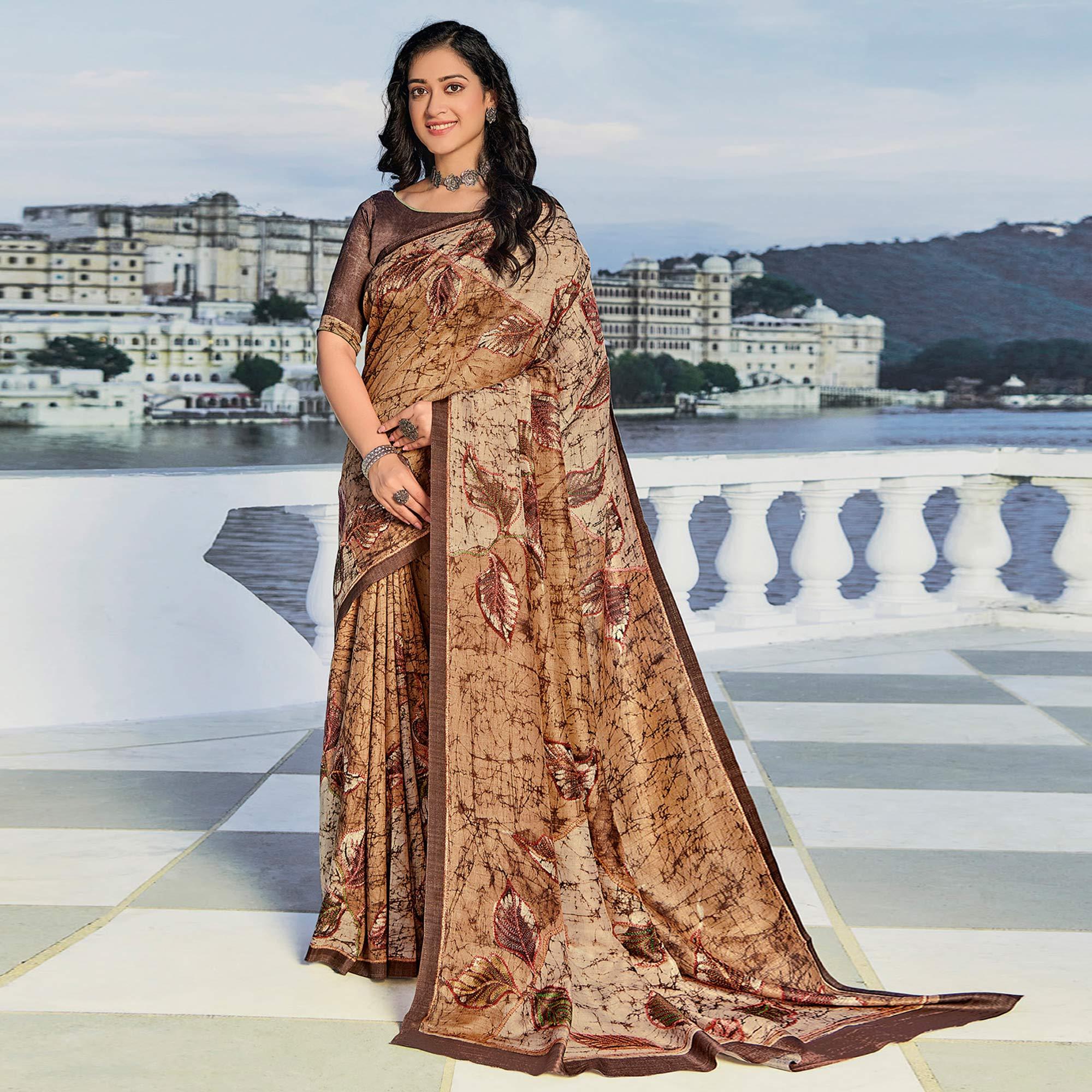 Peachmode Brown Printed Cotton Silk Saree – Women's