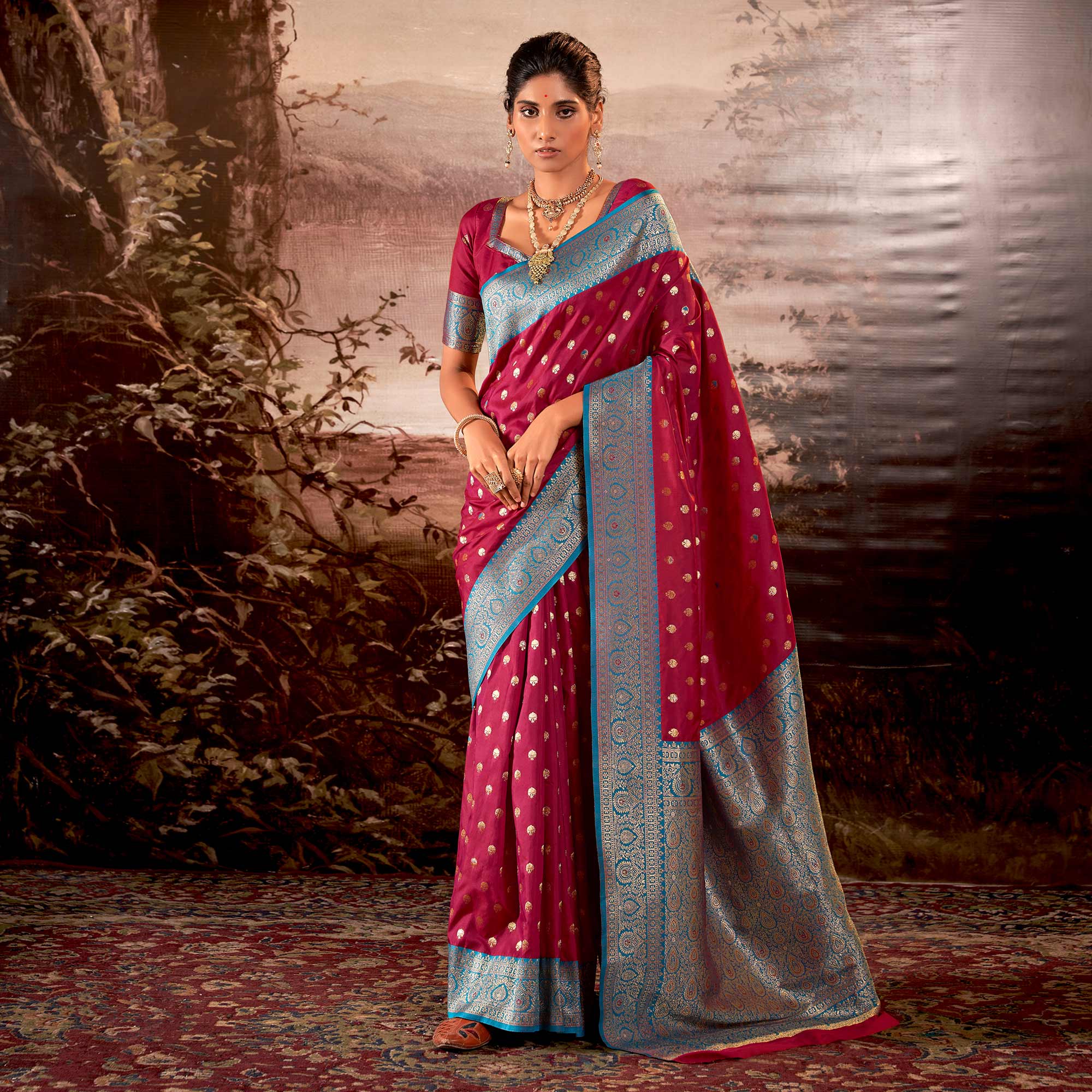 Peachmode Dark Pink Woven Butti Work Banarasi Silk Saree