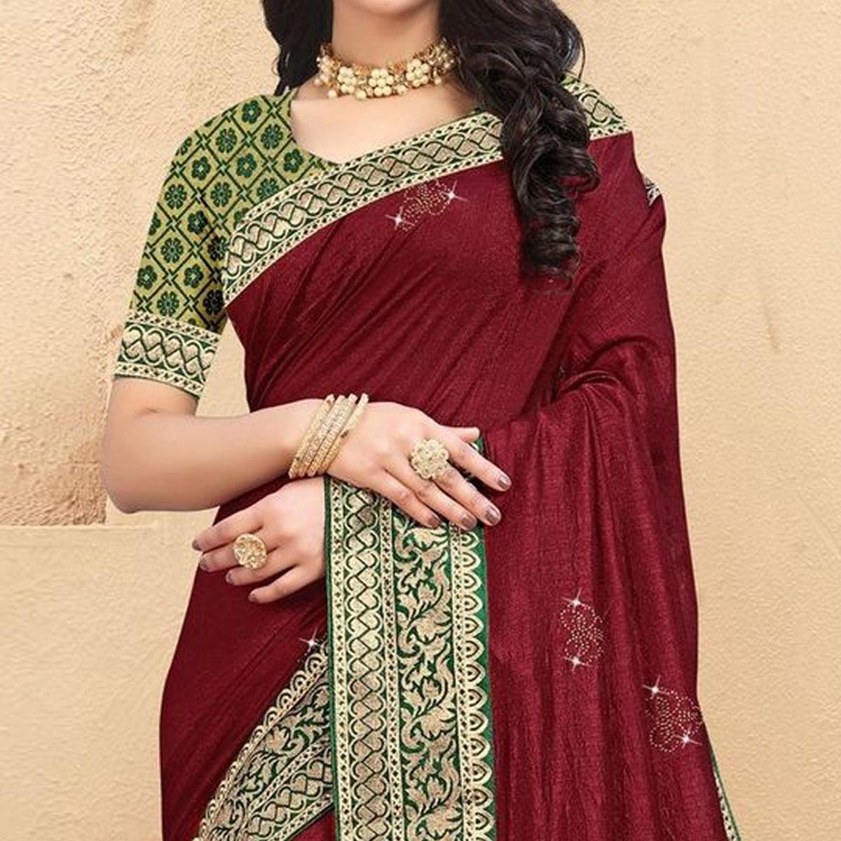 Peachmode Maroon Embellished Vichitra Silk Saree - view 2