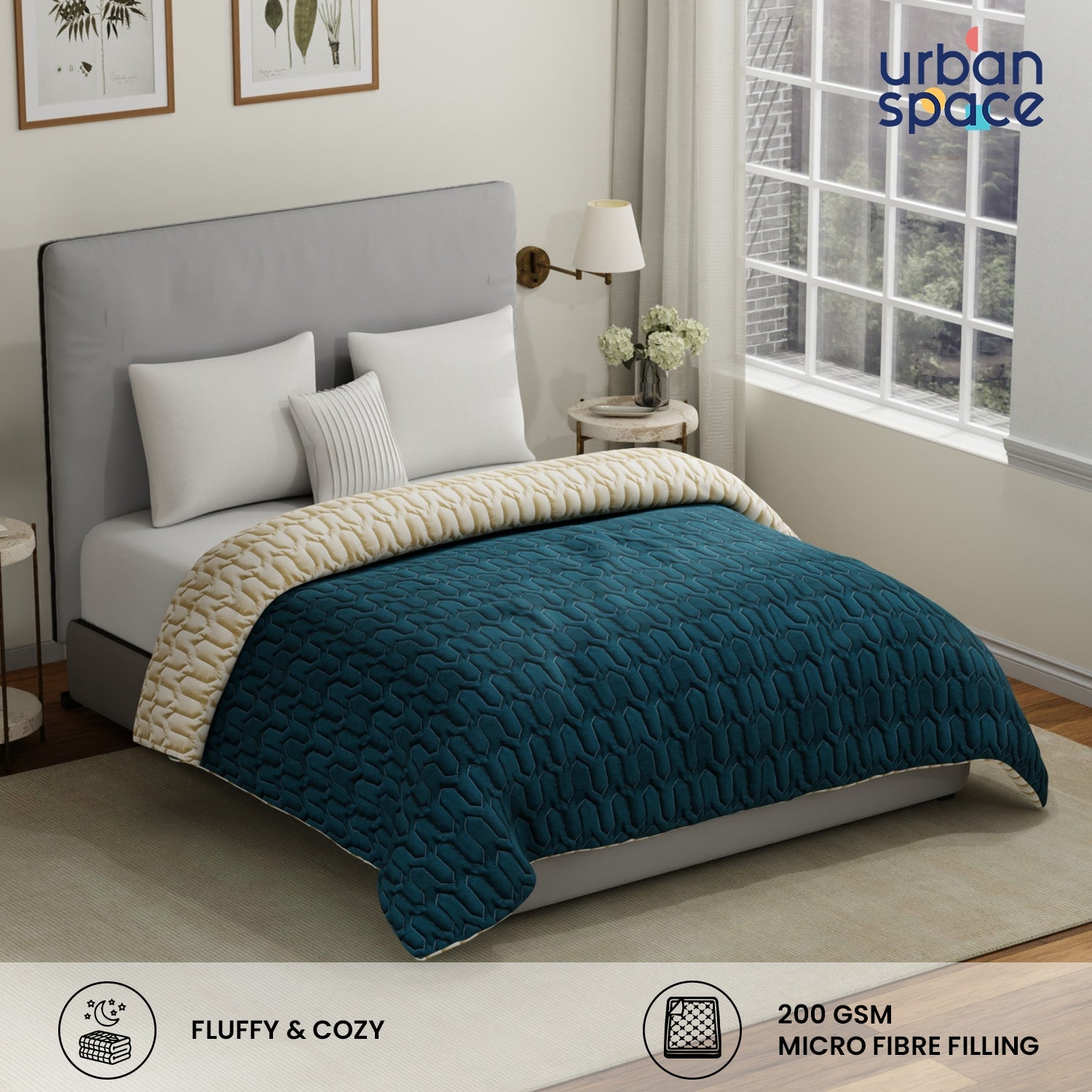 Urban Space -Home Furnishing Store Fluffy & Heavy 200 GSM Microfiber Reversible Quilted Winter Comforters - Teal & Beige - view 2