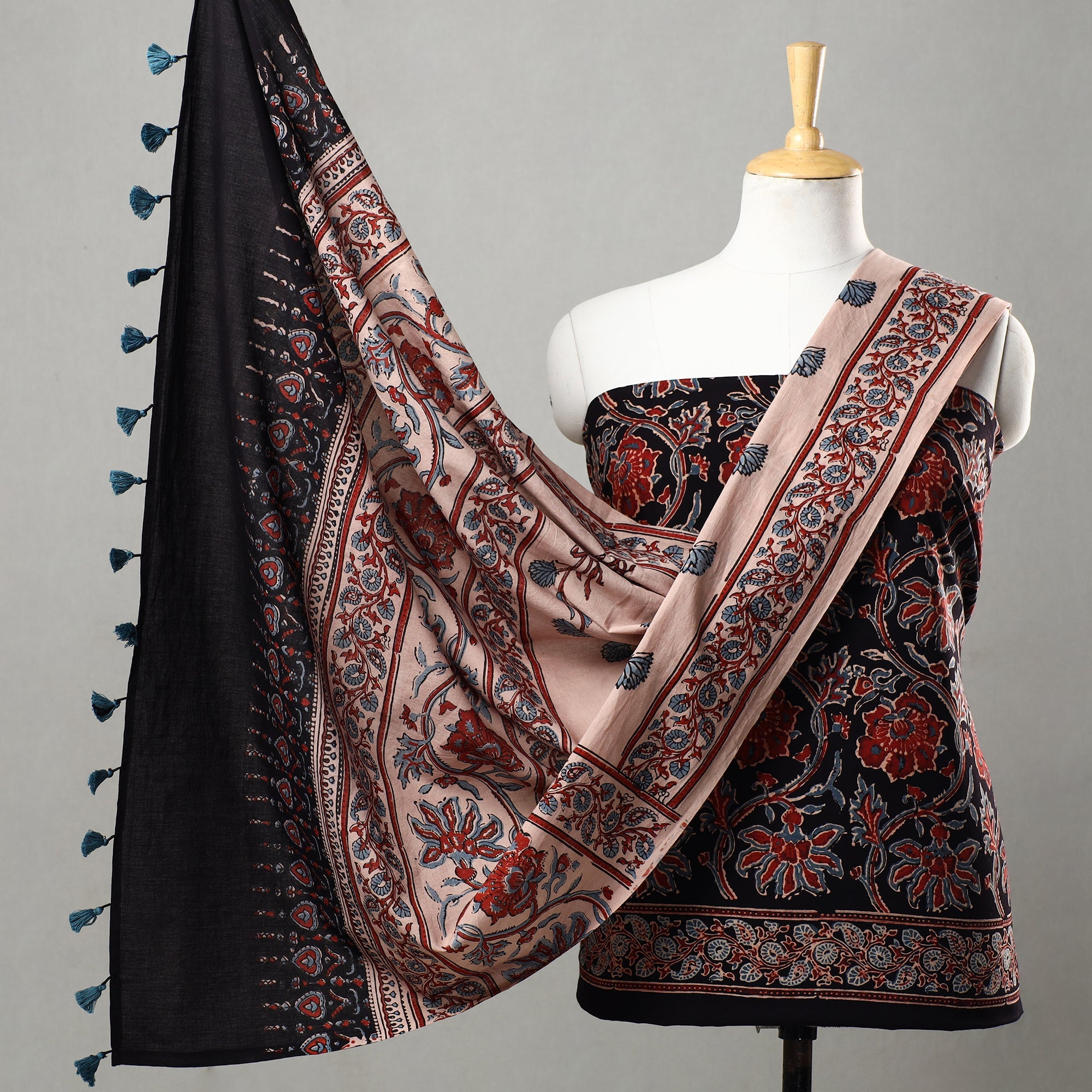 AJRAKH BY JABBAR KHATRI Black - 3pc Ajrakh Block Printed Natural Dyed Cotton Suit Material Set 12