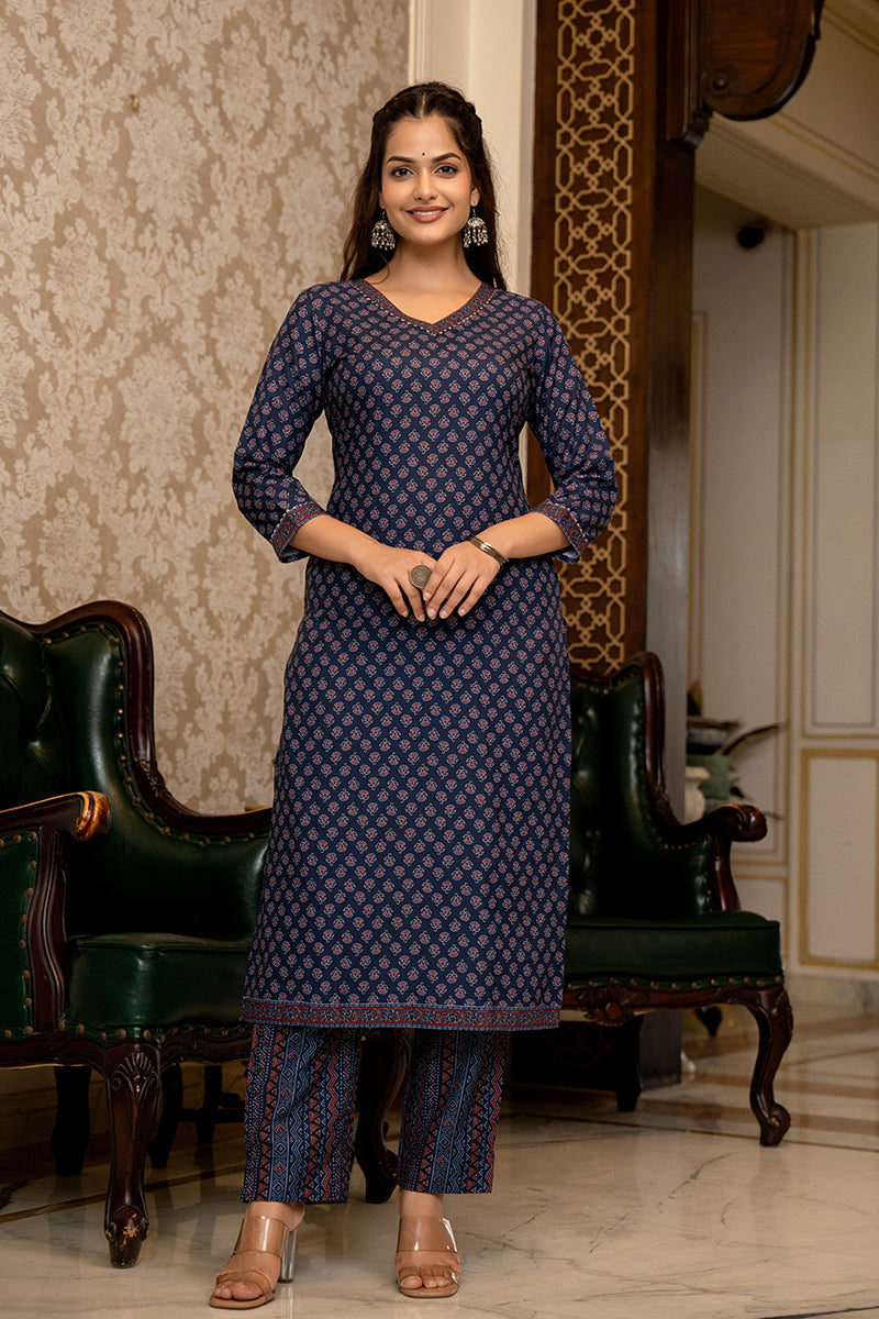 Ahika Navy Blue Rayon Blend Ajrakh Printed Straight Trouser Suit Set PKSKD2647 - view 4