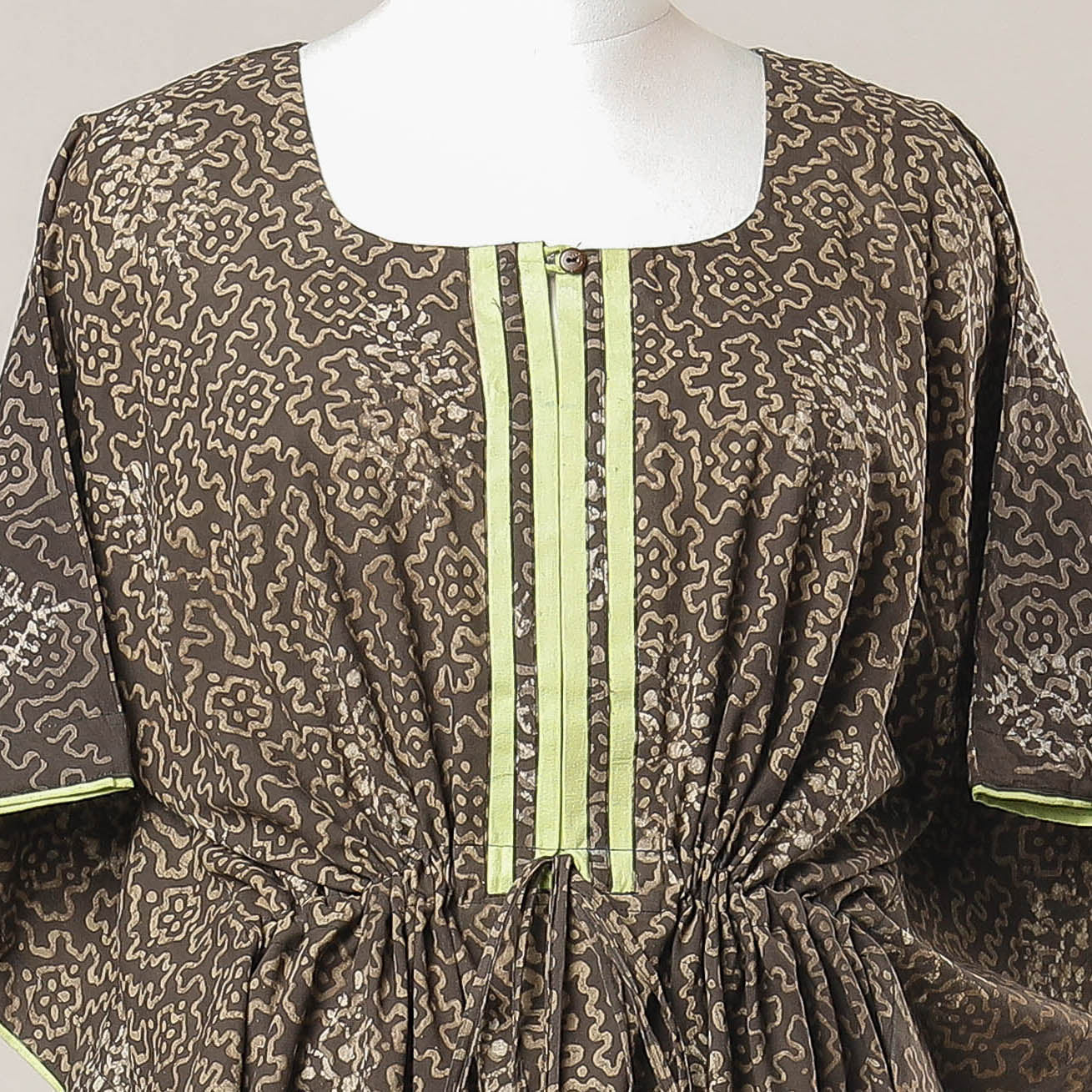 THE SAFFRON SAGA Brown - Pipad Hand Block Printed Cotton Kaftan with Tie-Up Waist (Long) - view 2