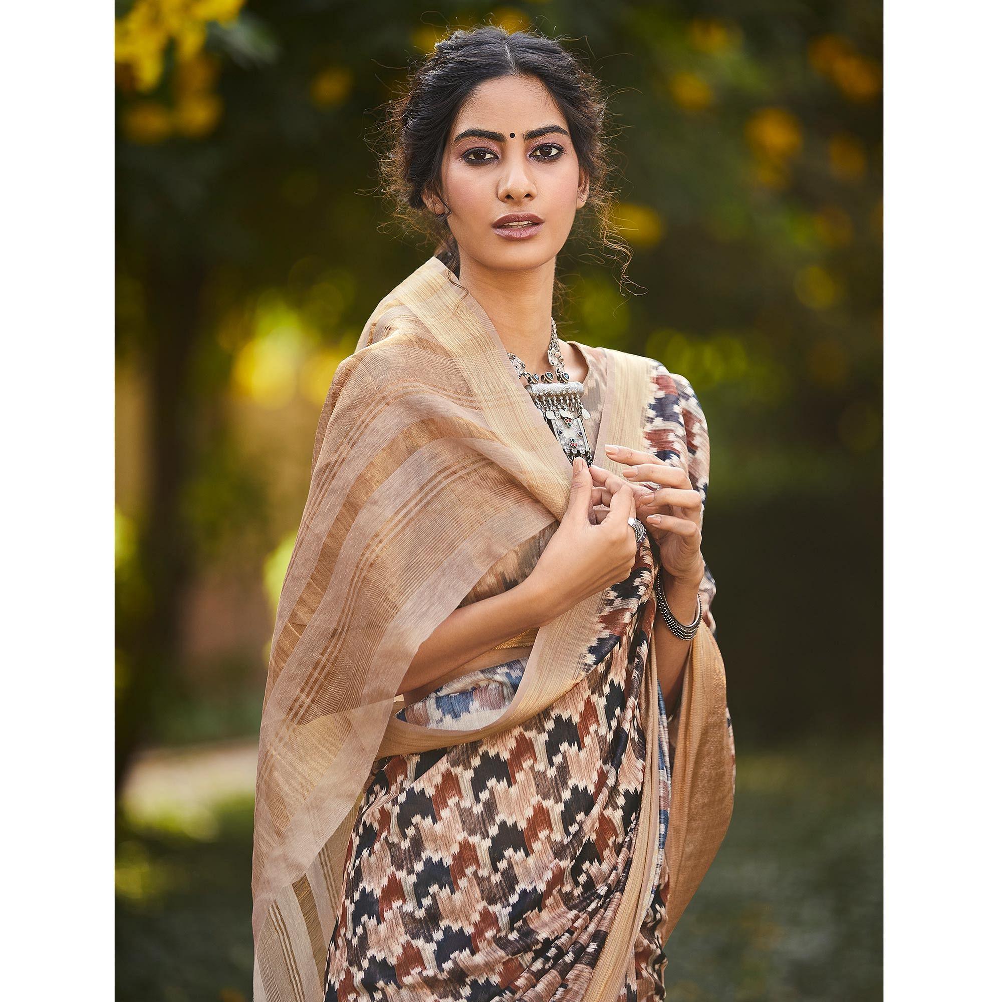 Peachmode Glorious Mauve Colored Party Wear Digital Printed Linen Saree - view 3