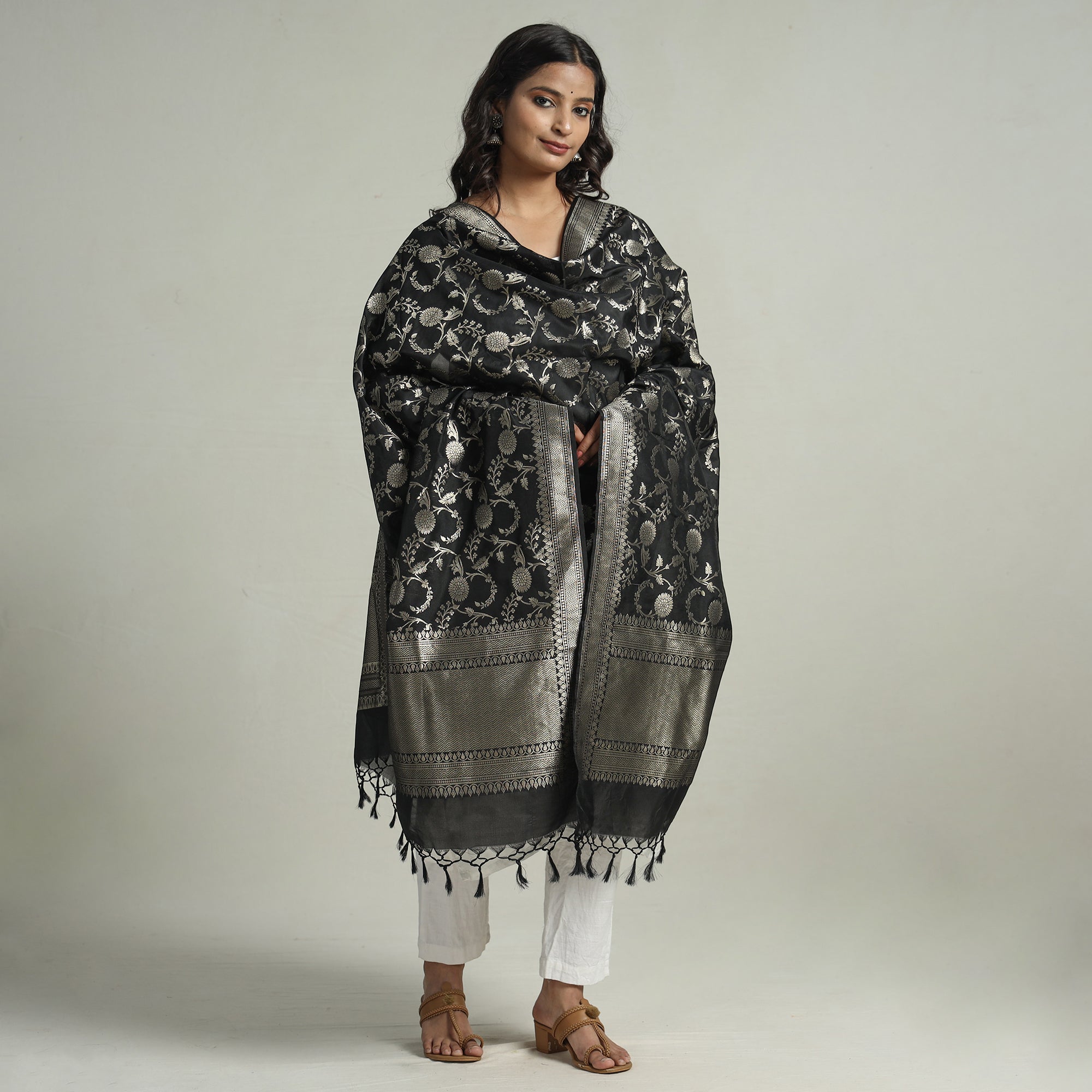 BANARASI BY MAQBUL HASAN Black - Banarasi Semi Silk Zari Jaal Dupatta with Tassels 71 - view 2