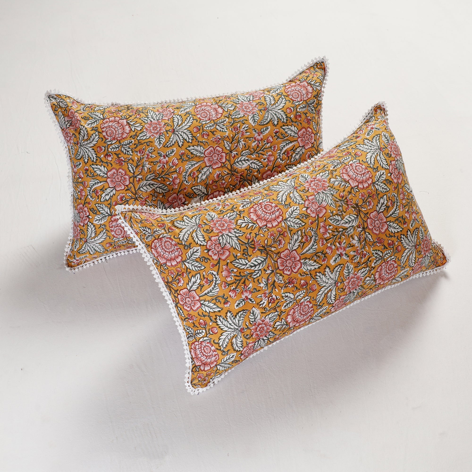 HAVELI CHRONICLES Sanganeri Block Printed Cotton Pillow Cover With Lace (26 x 16 in) - Set of 2
